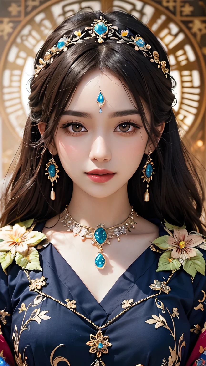 A woman wearing a blue dress and a gold headpiece - SeaArt AI