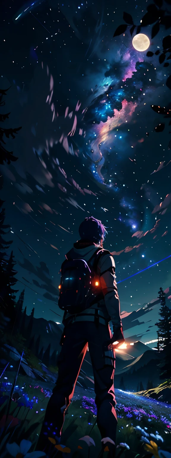 Expansive landscape photograph, (view from below with a view of the sky and the wilderness below), standing in a flower field looking up, (full moon: 1.2), (shooting star: 0.9), (nebula: 1.3), distant mountain, tree break production art, (warm light source: 1.2), (firefly: 1.2), lamp, purple and orange, intricate detail, volume lighting BREAK (masterpiece: 1.2), (highest quality ), 4k, ultra-detailed, (dynamic configuration: 1.4), highly detailed and colorful details (iridescent: 1.2), (sparkling lighting, atmospheric lighting), dreamy, magical, (solo: 1.2)