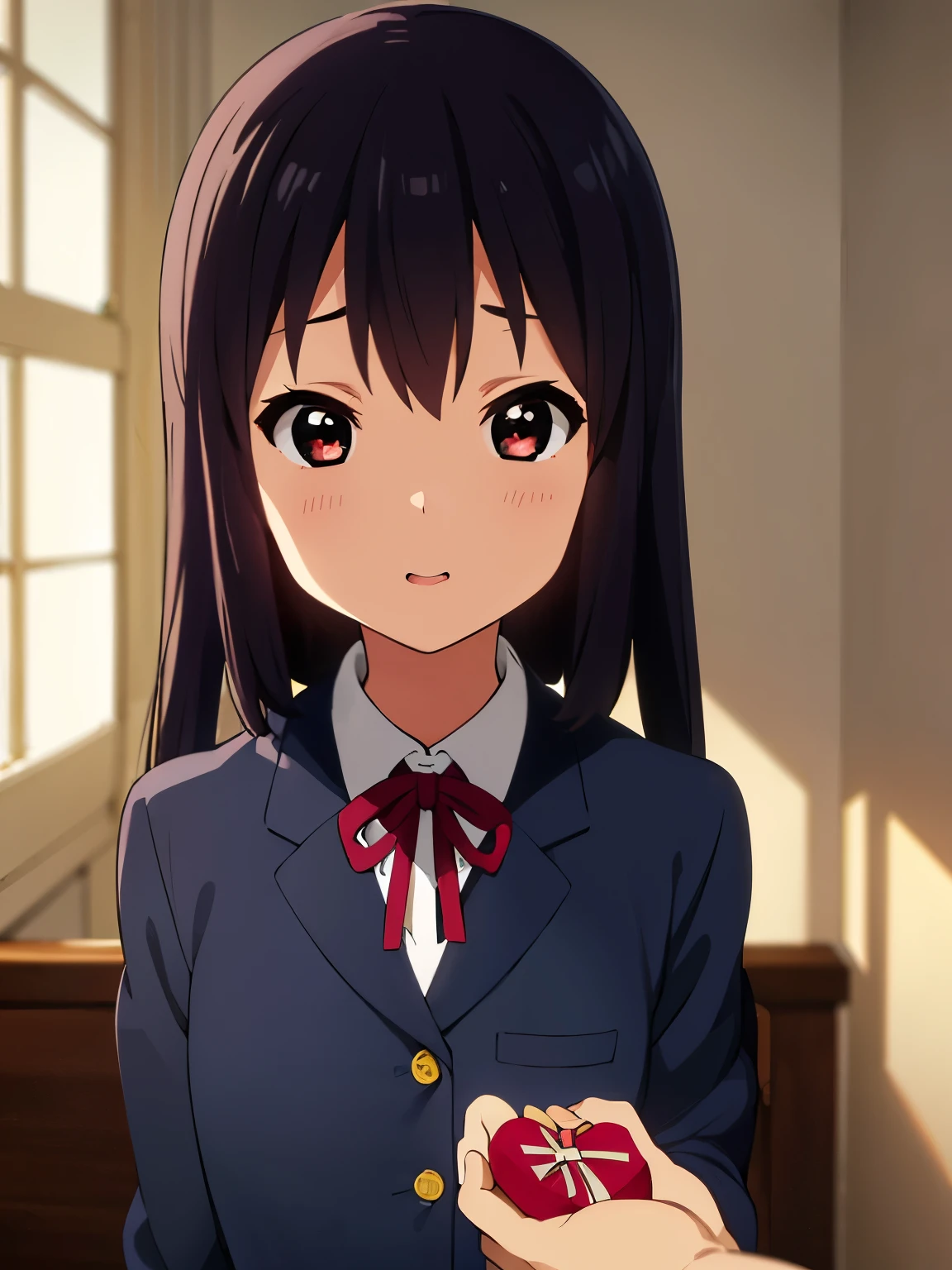 1girl, (((masterpiece))), wallpaper HD, top-quality, top-quality, High Details, nakano azusa, 1girl, Sakuragaoka High School Uniform, student clothes, Twin-tailed, length hair, A dark-haired, brown-eyed, solo, reddish, Dark blue blazer with thin red ribbon, Solid white buttoned shirt under blazer, illustratio, comic strip, soothing tones, Subdued Color, Soft cinematic light, adobe lightroom, photolab, HDR, intricately and hyper-detailed、(((depth of fields))))。(((masterpiece)))。(((top-quality))).)((ultra-detailliert)))。(((illustratio)))。(((takeout))).dynamic focus.big breasts.(((home))).(((A bedroom))).(((Face of happiness))). Smile mouth.(((hand holding a chocolate valentine gift))).(((up chest))).((morning glow)).((the setting sun)).