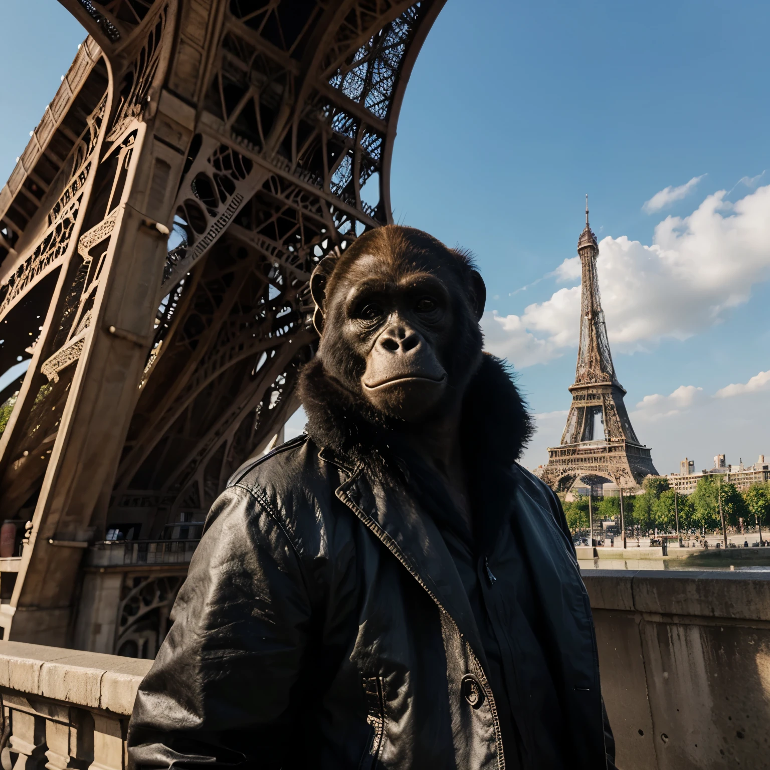 Un gorille qui grimpe à la tour Eiffel