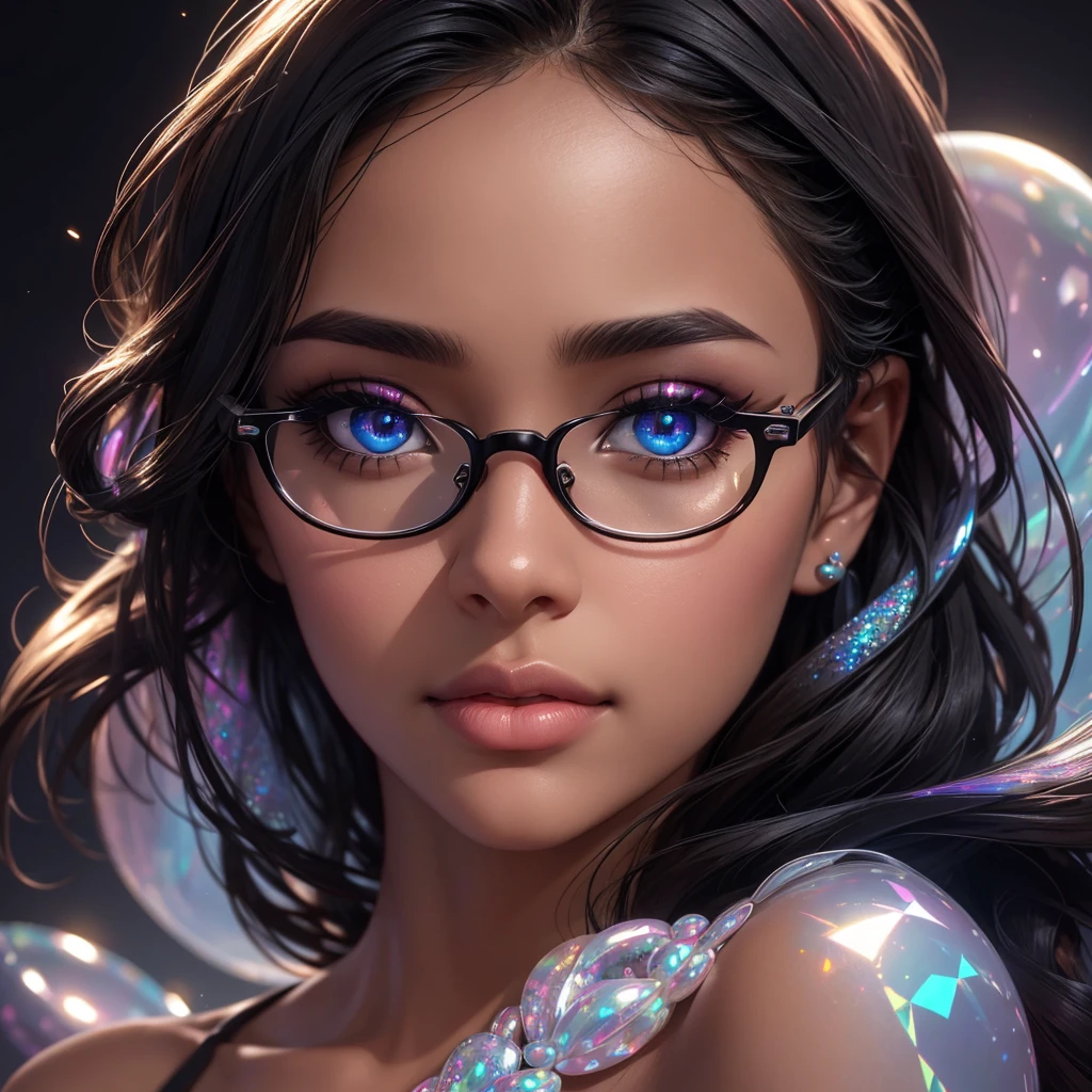 (best quality,realistic:1.37),negra,Eyeglasses,beautiful detailed eyes,beautiful detailed lips,opalescent,pearlescent,Holographic,dark background