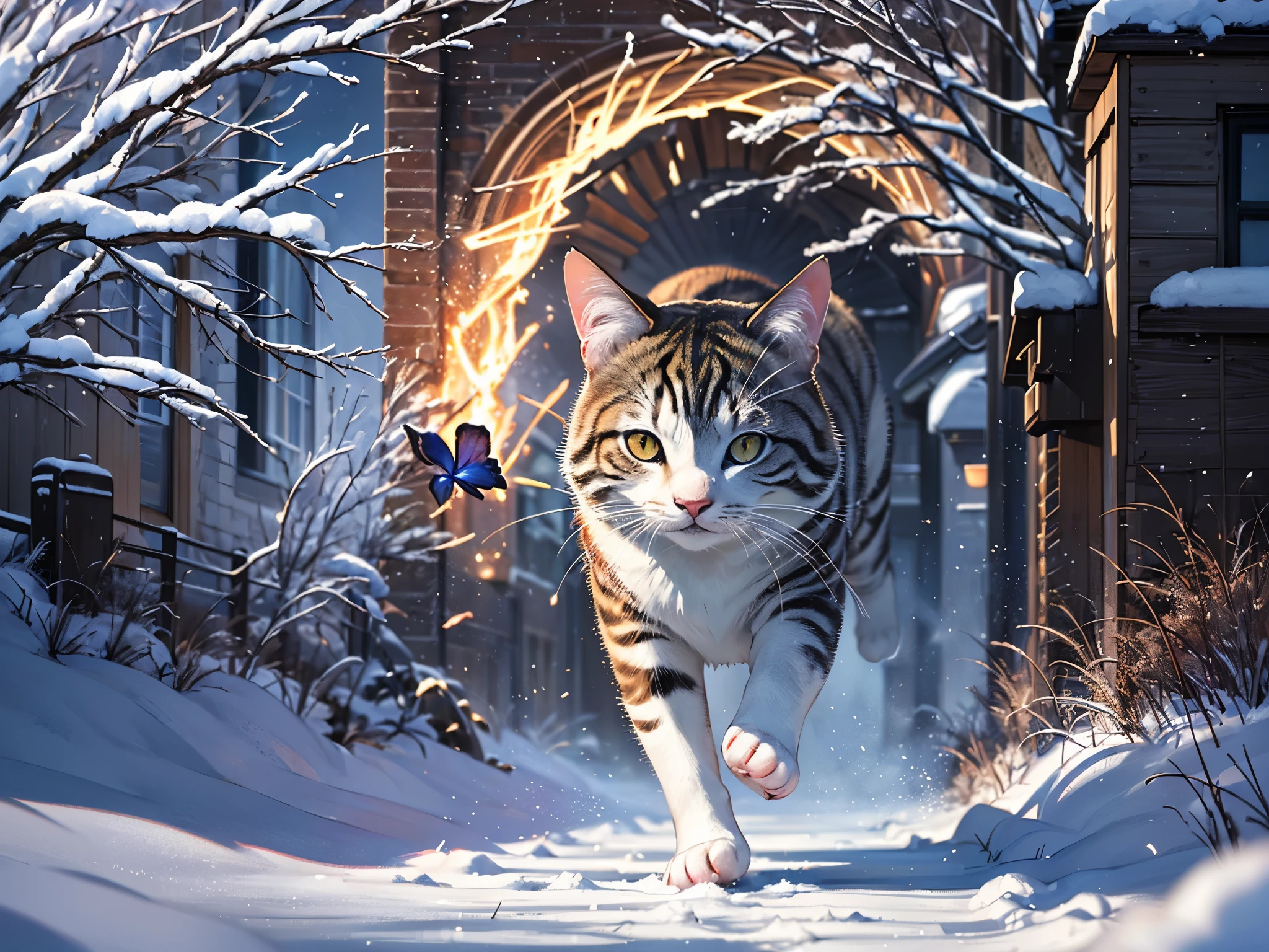 ((highest quality)),(ultra high resolution),(Super detailed),(detailed description),((best CG)),(best work of art),super precision art,amazing drawing art,(Art with precise details:1.5), A cat running through a garden covered in snow,cute:1.3,peace,peace:1.4