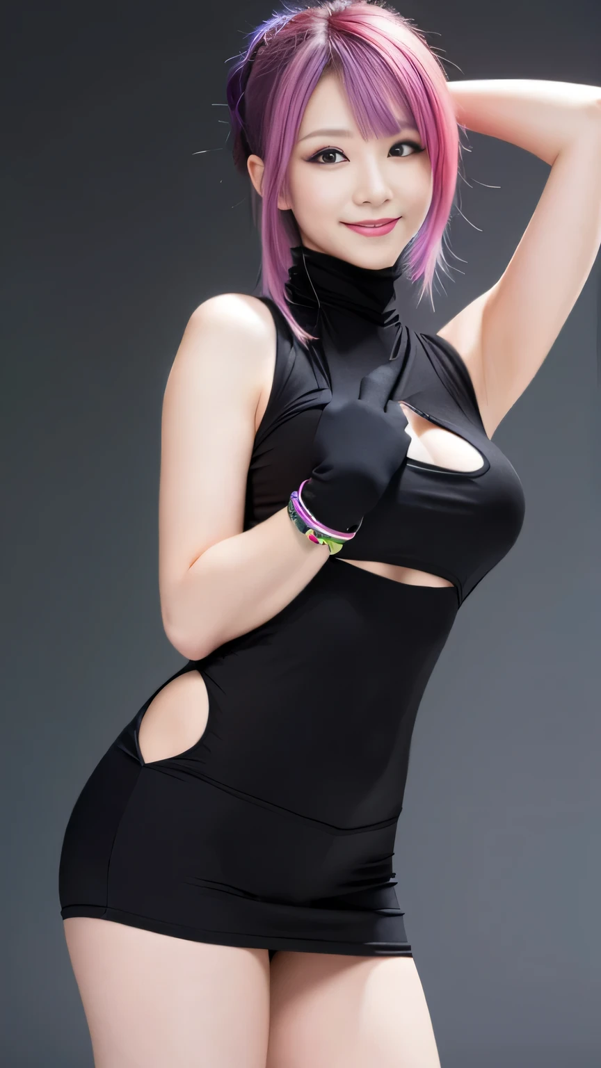 (8K, top-quality, masterpiece:1.2), (reallistic, Photorealsitic:1.37), Super Detail, One girl,), (Highly detailed), (beautifully detailed eyes), (of the highest quality), (super detailed ), (masterpiece), (Detailed face),20yr old, ,1 girl, ((pink hair,long hair)), medium breasts, clothed, Perfect Lighting, BREAK, (purple color scheme:1.5), (mystical, elegant:1.2), (lightweight, durable fabrics:1.2), (glossy bodysuit:1.2), (sheer blouse:1.2), (tight leggings:1.3), (sleek silhouette:1.2), (metal logos:1.1), (purple ribbons:1.1), (knee-high socks:1.2), (heeled boots:1.2), (gloves:1.1), (statement jewelry:1.1), BRAKE, (upper body to thighs:1.2), (pink hair, long, wavy:1.3), (smile:1.2), (face forward:1.3), (extended arm, imaginary button:1.2), (hand on hip:1.2), (purple, secretive room:1.3), (geometric logos:1.2), (front lighting:1.2)