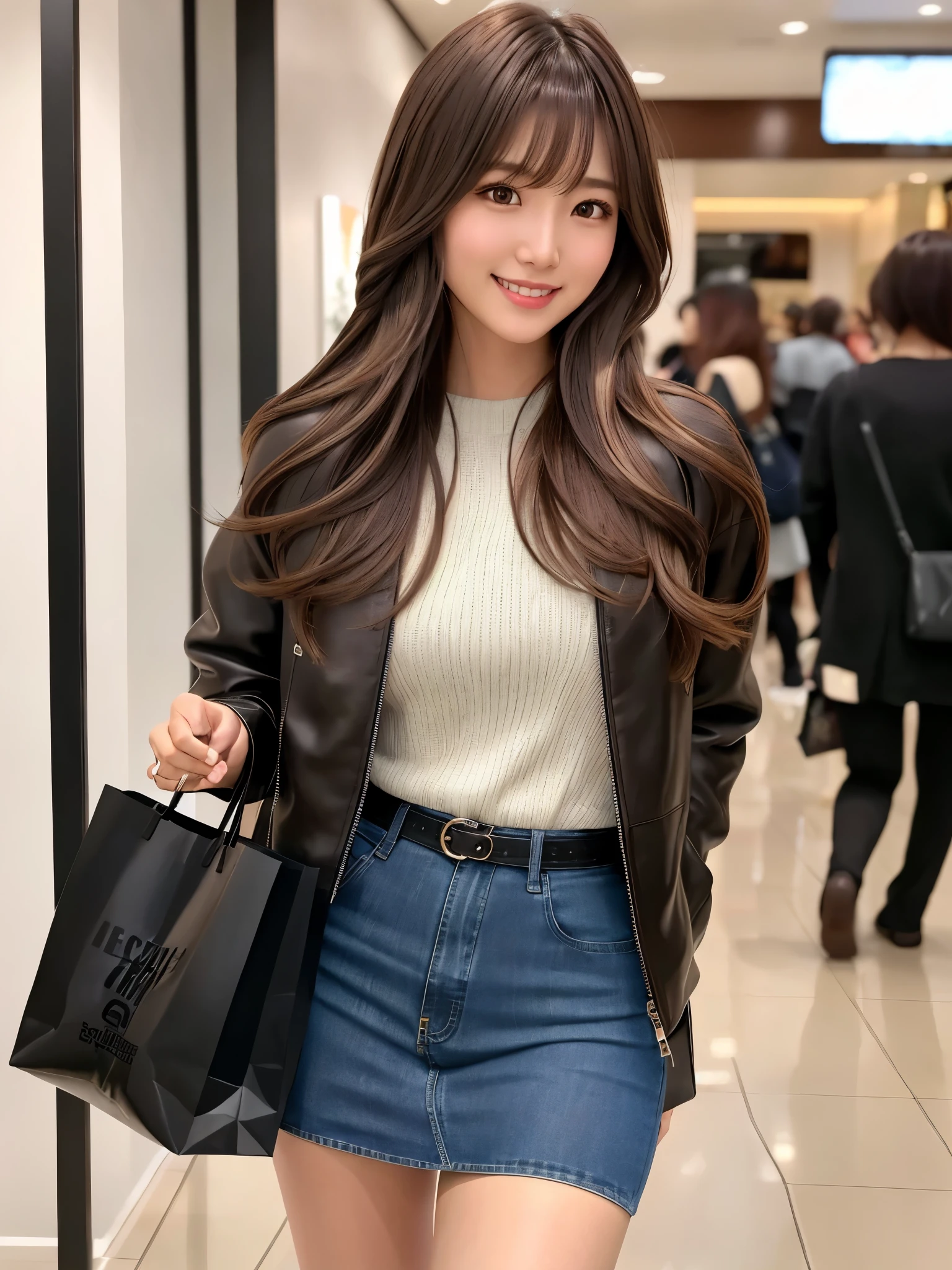 product quality, 1 girl, cowboy shot, front view, a Japanese young pretty girl, long bob hair, shopping with a big smile in a crowded luxury boutique in a big city, wearing a black leather jacket over a sweater, denim miniskirt, a tote bag over her shoulder, hyper cute face, glossy lips, double eyelids for both eyes, natural makeup, shiny smooth light brown hair of long bob hair, asymmetrical bangs, high resolution, high detail, detailed hairstyle, detailed face, cinematic lighting, octane rendering, hyper realistic, perfect limbs, perfect anatomy