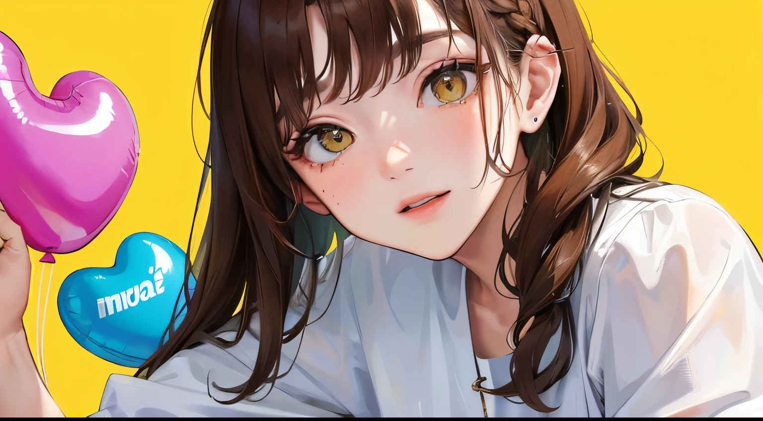 Masterpiece,best quality, (((Many heart-shaped balloons are floating))), determined expression, white shirt、upper body diagram、No piercing、Glasses、
(((1 woman)))、(highest resolution、clear_image)、 (((solid yellow background))、best quality、contrast of light and shadow、((illumination))、very detailed、semi-realistic、braided hairstyle、brown hair、shy smile、bangs、20-year-old、office Lady,,young、((View from the front))、delicate facial features facial features、