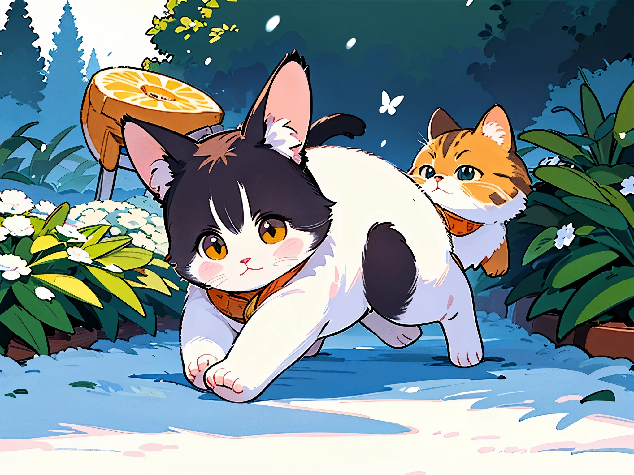 ((highest quality)),(ultra high resolution),(Super detailed),(detailed description),((best CG)),(best work of art),super precision art,amazing drawing art,(Art with precise details:1.5), A cat running through a garden covered in snow,cute:1.3,peace,peace:1.4