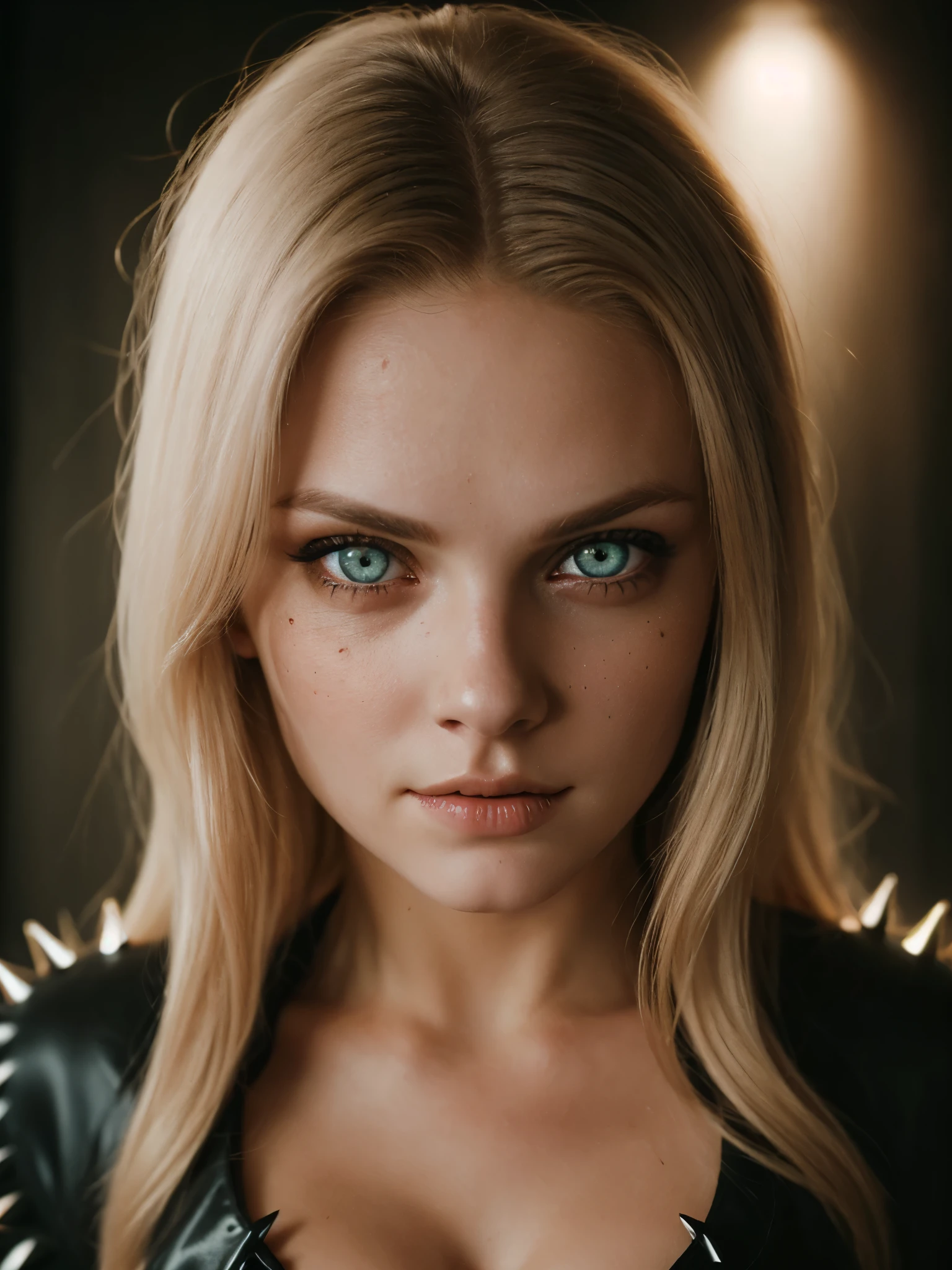 Analog photo, (Best quality:1.4), (ultra detailed:1.4), full body shot of pale blonde woman, intense glowing eyes, black spiked outfit, demonic, hell, cute sexy, (detailed face, detailed eyes), (Photorealistic:1.4), (film grain, depth of field)