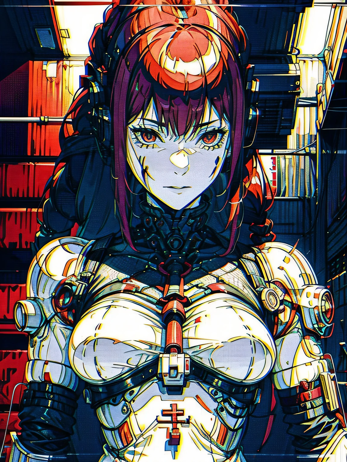 monochrome, greyscale, blood, cable, science fiction, cyberpunk, chromatic aberration, indoors, detailed background, night, 1girl, beautiful, solo, red hair