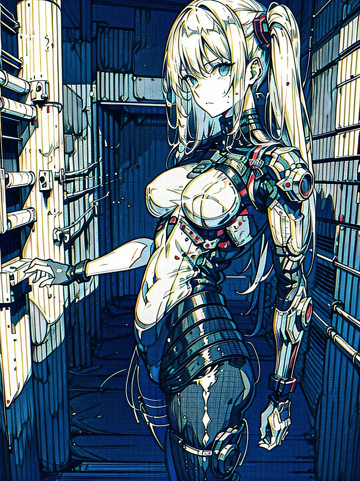 monochrome, greyscale, blood, cable, science fiction, cyberpunk, chromatic aberration, indoors, detailed background, night, 1girl, beautiful, solo, blond hair