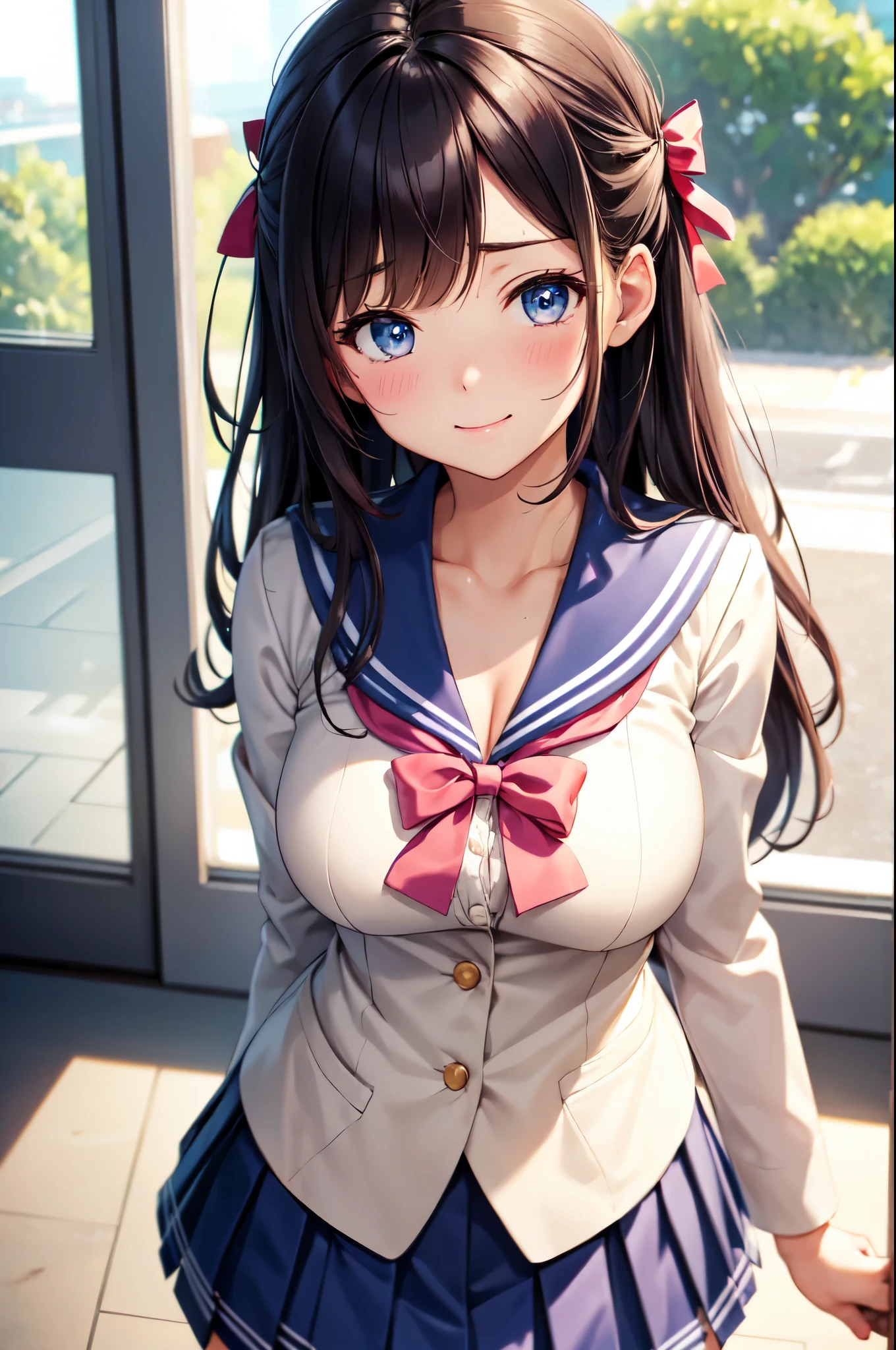 (High quality, High resolution, Fine details), sailor school uniform, colored ribbon, bowed hair, pleated skirt, double-breasted blazer, clean and crisp colors, ruffles and bows, solo, curvy women, sparkling eyes, (Detailed eyes:1.2), smile, blush, Sweat, Oily skin, View from above, Focus on cleavage, vibrant lighting, radiant and natural light, soft and pastel color palette, shallow depth of field
