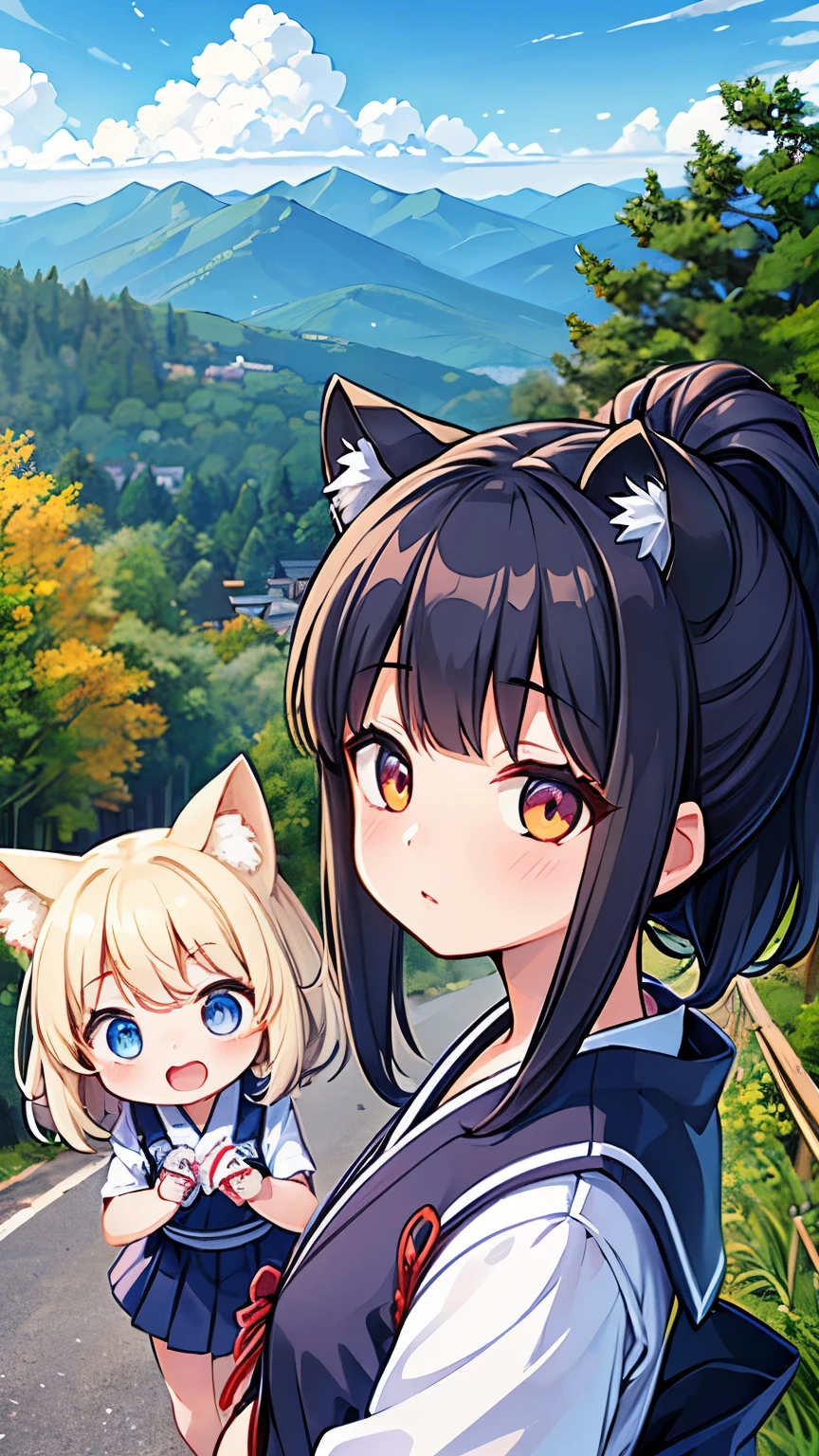 highest quality。masterpiece。detailed details。(((two girls)))。A fox disguised as a Japanese high school girl。A raccoon dog disguised as a Japanese high school girl。are pretending to be each other。The background is a rural road in Japan。blue sky and white clouds。