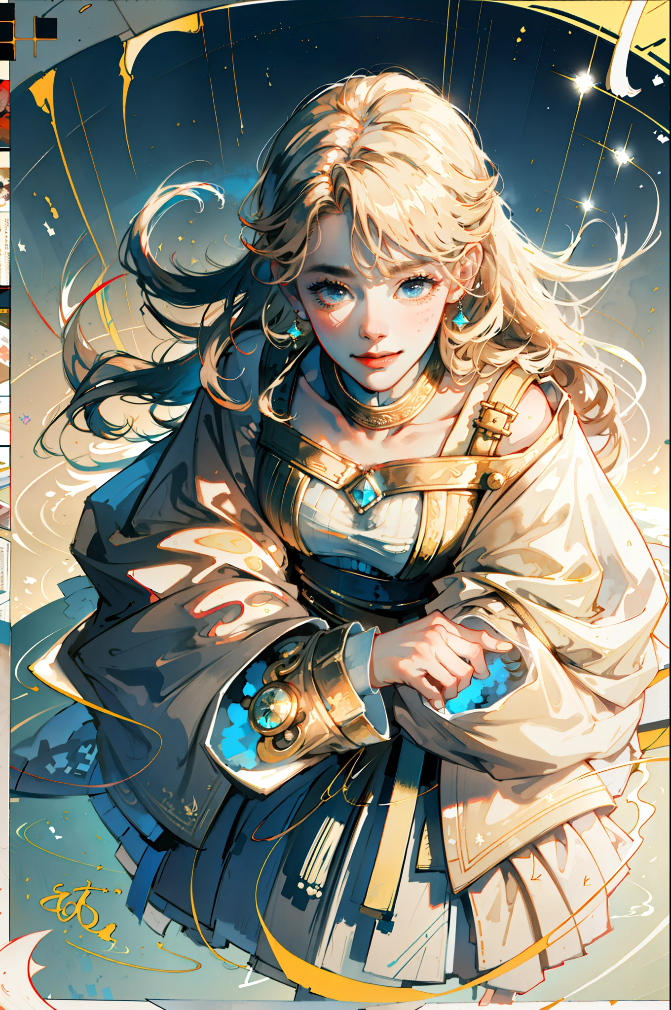 8k,masterpiece,highest quality, (From above:1.6) ,(close:1.1),dynamic pose,30 year old female,portrait, light, long hair, smile, watercolor painting \(Moderate\),watercolor painting,(Plain beige long-sleeved dress that hugs the body:1.3)