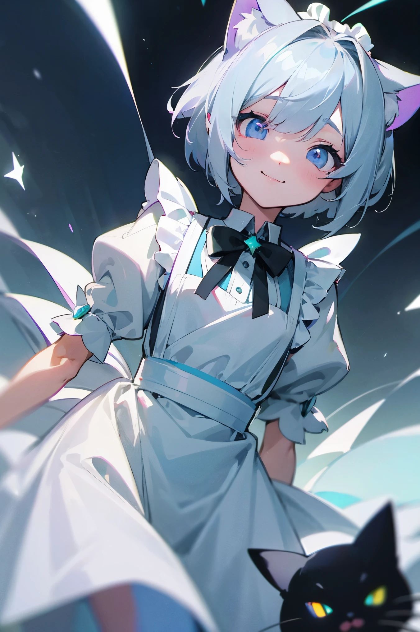 gray hair、short hair、Light blue gradation on the tips of the hair、Maid clothes based on light blue、light purple left eye、yellow-green right eye、odd eye、、Cat ear、smile、Innocent、young、man's daughter、white star-shaped pupil