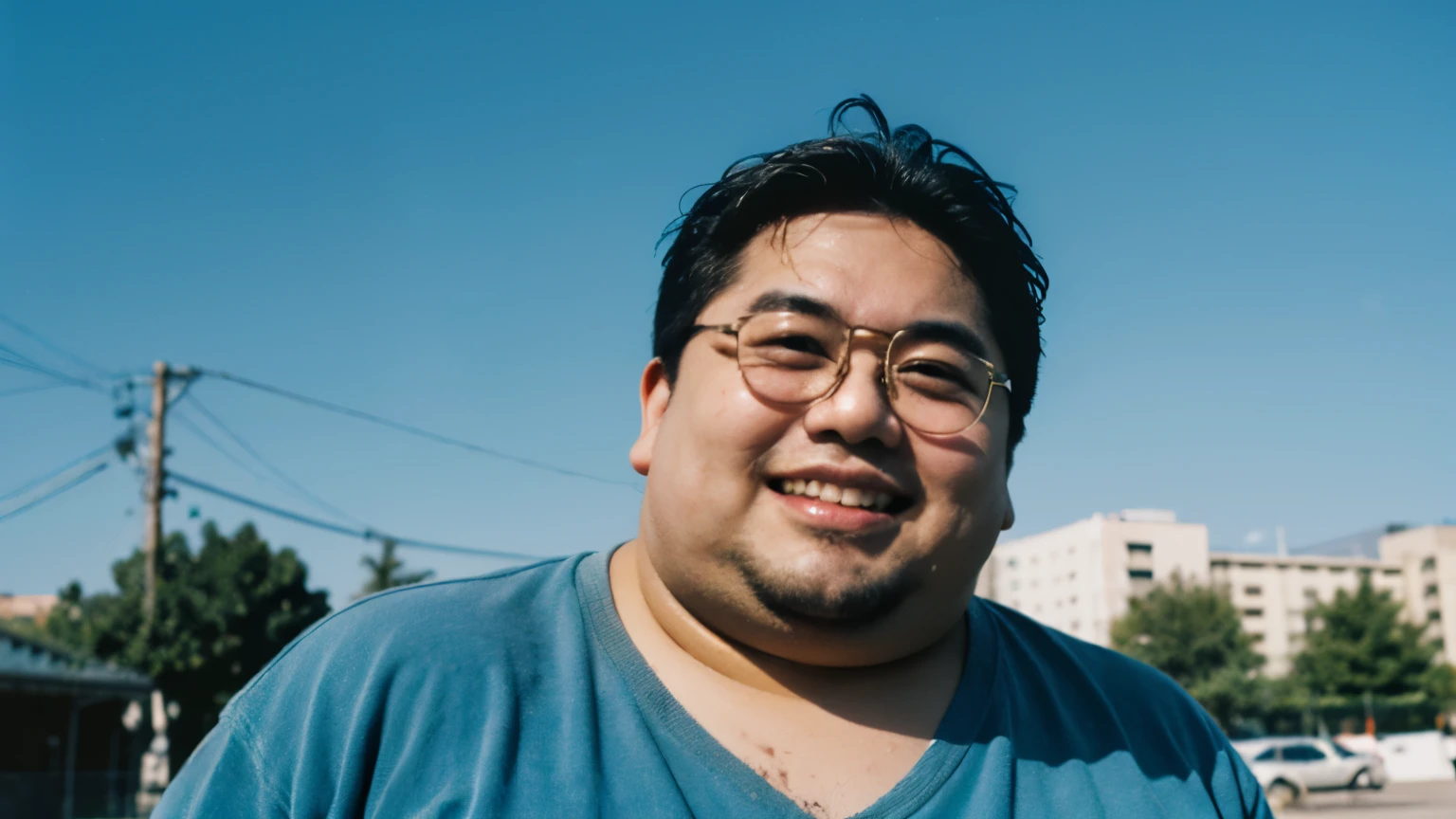 Fujicolor C200 film still. A dreamy bust-up of a fat young man with unkempt hair and a dirty face floating in the blue sky。swimsuit。dirty teeth。Dirty glasses。smile. soft and natural skin tone. bright diffused light. in the style of documentary photography, Aspect ratio 9:16, RAW style