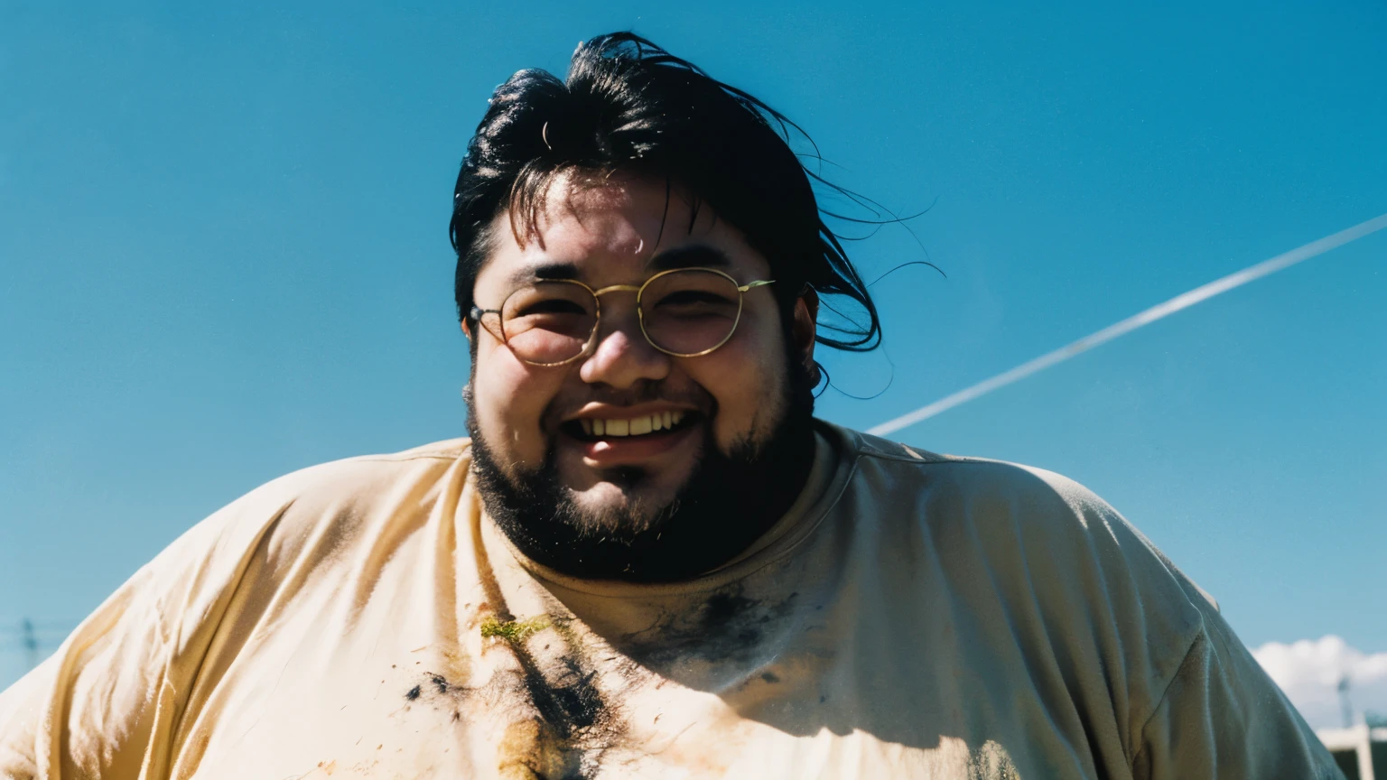 a 40 years old stocky chubby thick Japanese former rugby player with short beard and short hair masturbating alone with his mouth open show penis sex ejaculate huge load of cum into face and chest and stomach white goo in his mouth closed eyes cum fountain cum on the wall behind smile in the backseat of a car