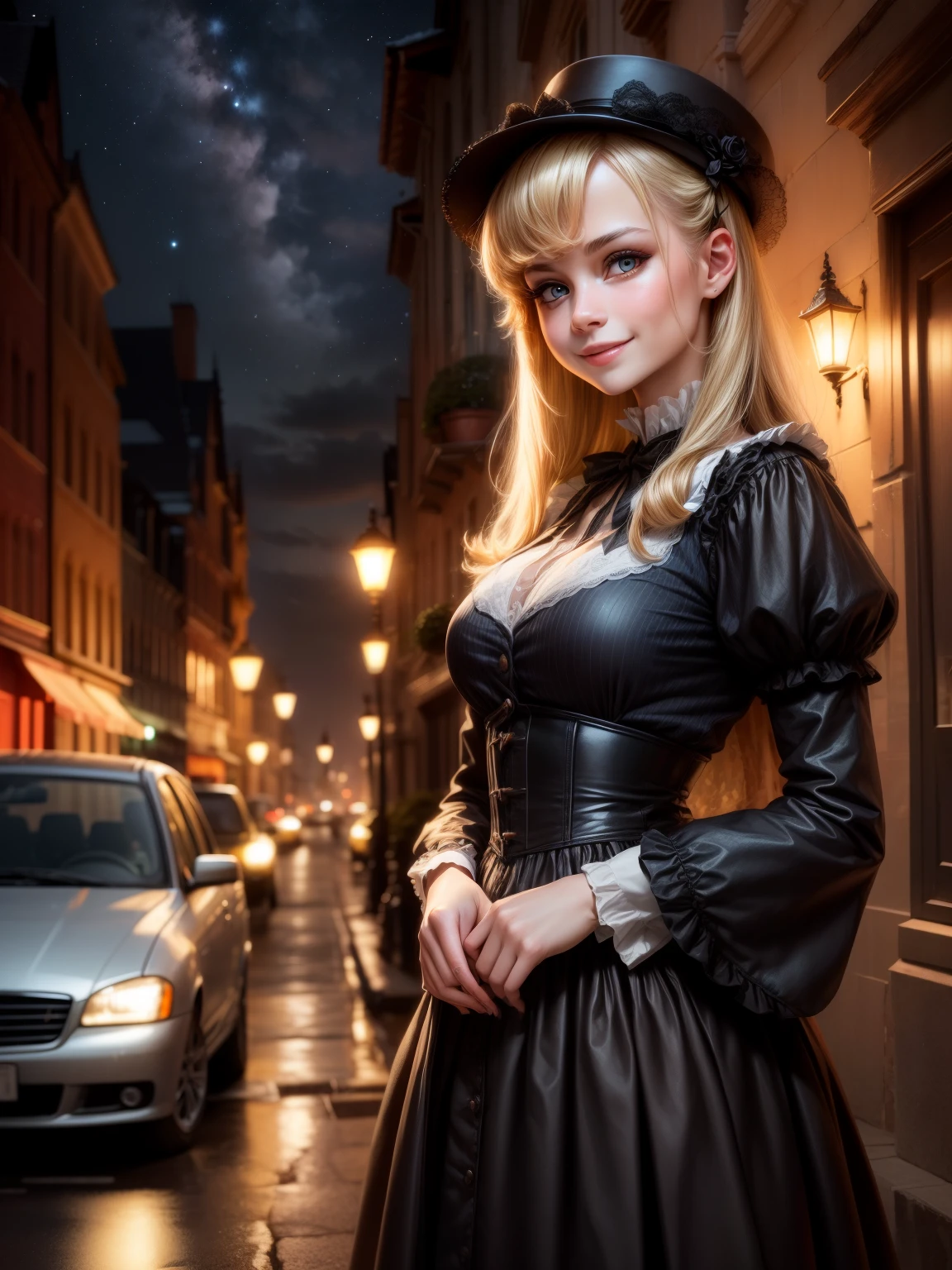 (masterpiece), best quality, expressive eyes, perfect face,a girl smiles towards the camera in a wonderful sunny day. her smile is cheerful but contained and reserved, Victorian era posing in front of a period building, night, street lights, people along the road, horse-drawn carriages, romantic atmosphere, sky with various nocturnal colors and stars.​