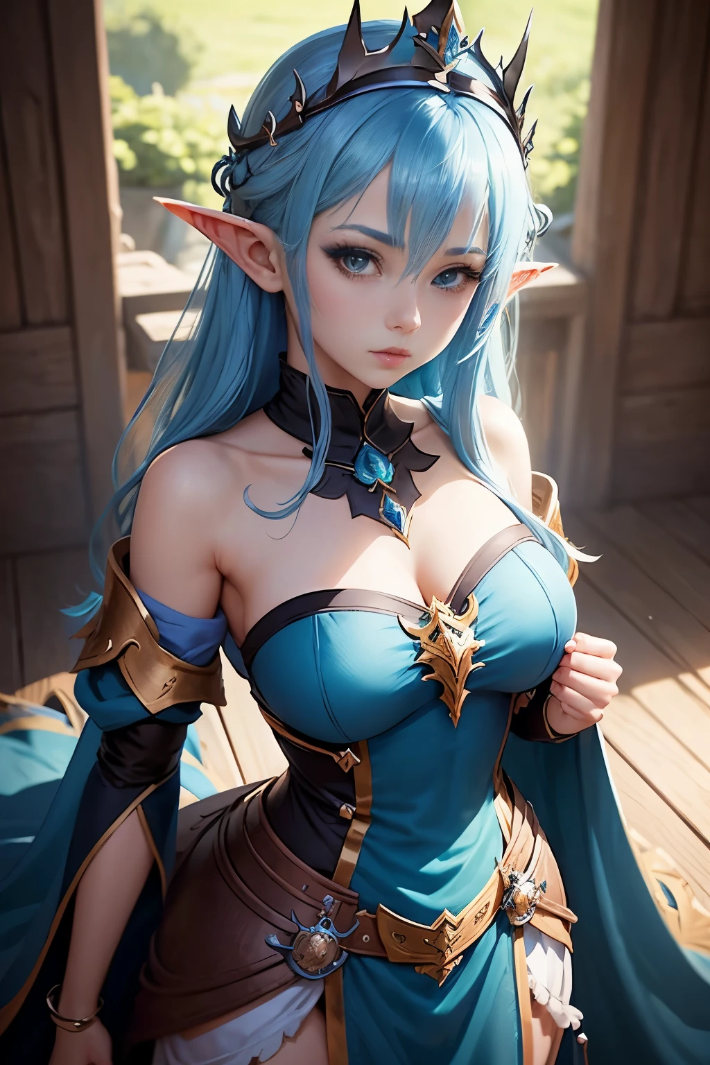 Cute girl, blue haired person wearing a crown, guiz style artwork, elf queen, guiz, genshin, elf queen, cute elf princess knight, portrait of elf queen, shadowverse style, from arknights, loong, elf princess