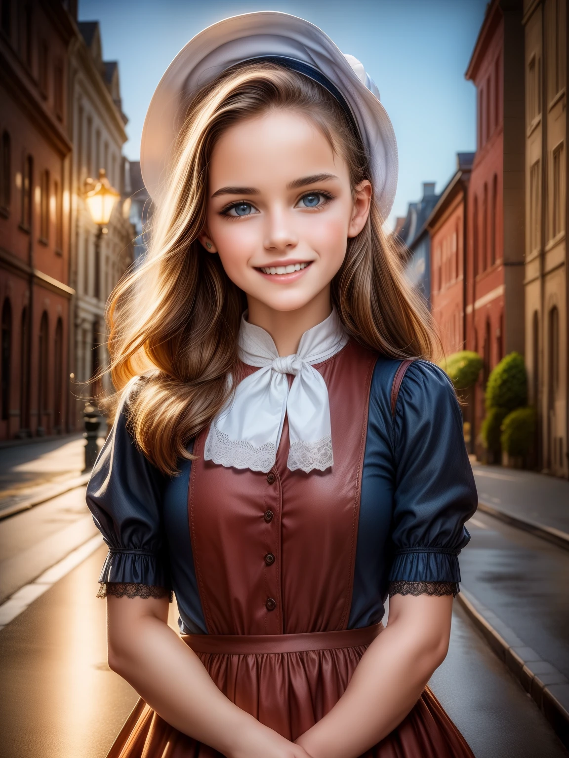 (masterpiece), best quality, expressive eyes, perfect face,a girl smiles towards the camera in a wonderful sunny day. her smile is cheerful but contained and reserved, Victorian era posing in front of a period building, night, street lights, people along the road, horse-drawn carriages, romantic atmosphere, sky with various nocturnal colors and stars.​