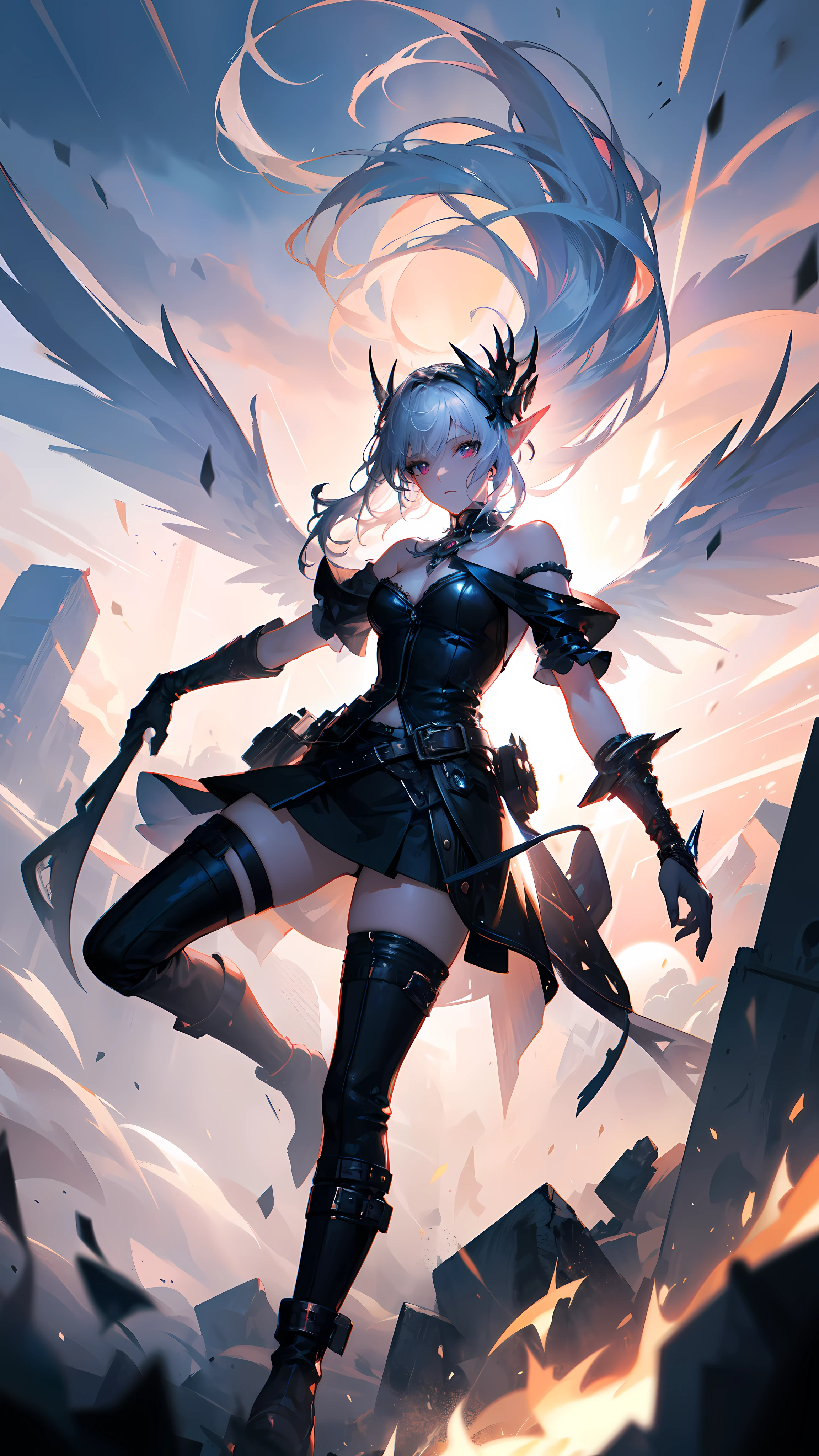 ((masterpiece)), (top quality), (best quality), ((ultra-detailed, 8k quality)), Cinematic lighting, Volumetric lighting, (detailed line art), absurdres, (best composition), (high-resolution), Aesthetics,
BREAK, Android Mage elf Girl, by Artgerm, Mechanical body, Dynamic action poses in battle scenes, Mechanical weapons of very complex and heavy fighters, Off-the-shoulder fashion fused with detailed and intricate steampunk and detailed gothic lolita, Complex steampunk headgear, very thin long legechanical boots above the knee、Fluttering Lace Flared Mini Skirt、 beautiful small breasts directed upwards、rather long vertical curly silver hair moved by the wind,、Countless shining large spheres flying around、Lots of sparks cross and splash、Countless neon lights raining down from magic-invoking poses、Complex and precise mechanical night city、very dark background、Very dramatic and cinematic lighting、big wings on the back８Growing on sheets。By Yoshitaka Amano, by Mikimoto Haruhiko.