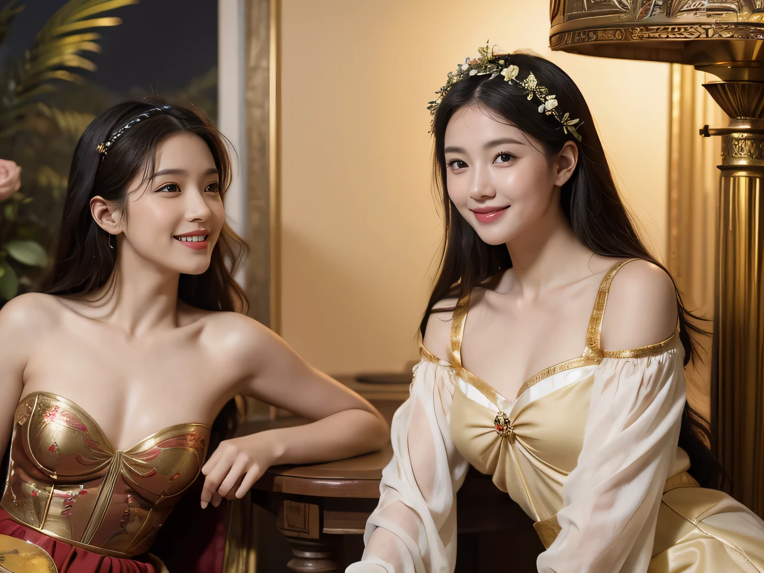 Giorgione painting style,Arguments of two female Philosophe,math、astronomical machine、astronaut、roses in vase、fruits、Cute trinkets、smile、ancient greek costume、Background is a forest lake at night 、Clothes that stretch your shoulders、A big smile、beautiful bare skin、A detailed representation of the seducing woman throughout her body.sexy,erotic smile