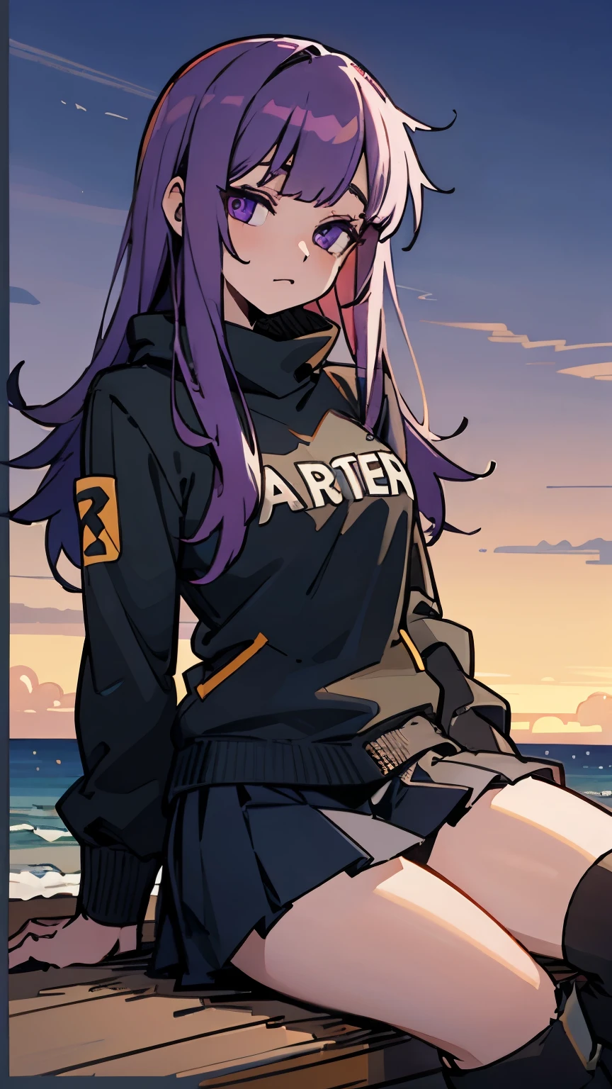 beach，seaside，Sunset，purple eyes，long purple hair，Black sweatshirt，black pleated skirt，Black Martin boots，black knee socks，8k resolution