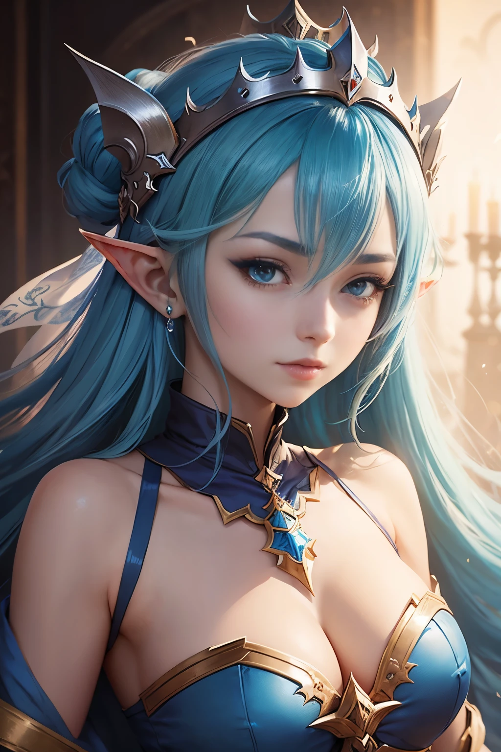 Cute girl, blue haired person wearing a crown, guiz style artwork, elf queen, guiz, genshin, elf queen, cute elf princess knight, portrait of elf queen, shadowverse style, from arknights, loong, elf princess