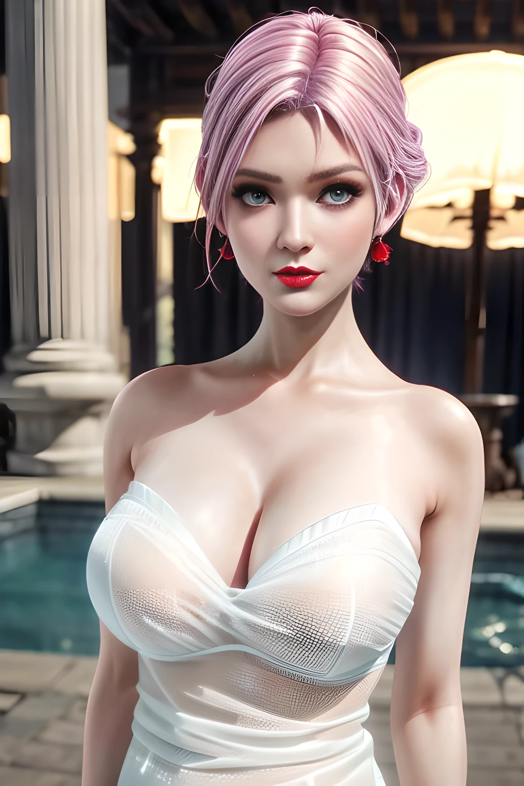1 girl,Alice,(pajamas),(White strapless dress:1.4),Outdoor activities, (standing posture),grace,(((red lips))), Lips slightly open, clavicle,Lactation,(huge breasts:1.3),skin shiny,((8k, original photo, top quality, masterpiece), HD RAW color photos professional close-up photos, (actual, photorealism: 1.37), (best quality),8k,Fabric luster,alone,