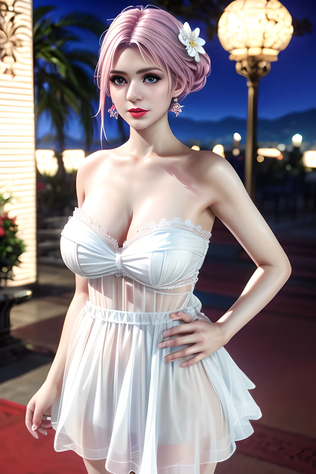 1 girl,Alice,(pajamas),(White strapless dress:1.4),Outdoor activities,  (standing posture),grace,(((red lips))), Lips slightly open,  clavicle,Lactation,(huge breasts:1.3),skin shiny,((8k, original photo, top quality, masterpiece), HD RAW color photos professional close-up photos, (actual, photorealism: 1.37), (best quality),8k,Fabric luster,alone,