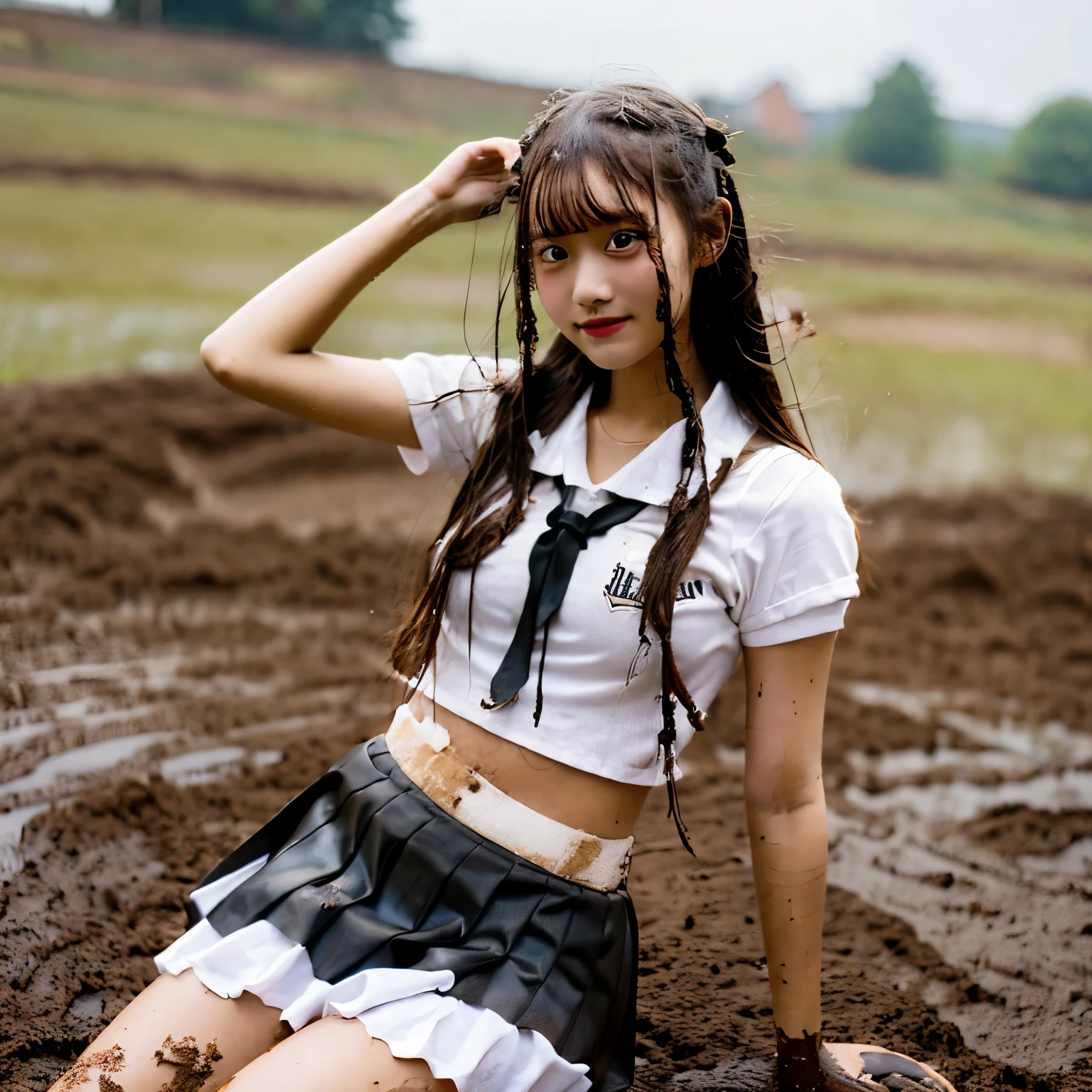 LingX,black hair,twintails,brown eyes,hair ornament, pantyhose (insanely detailed, masterpiece, best quality),solo , red knot , red bow , skirt dark red , plaid skirt , pleated skirt , dirty white Shirt , realisitic、top-quality、crisp photos 、a lot of garbage and junk 、((beautiful a girl、Constricted waist、Neat face、Most beautiful face、Elaborate face、dense dirty brown hair、Refreshing look、Pleasant look、Happy expression、Joy covered in filth、Glad to get dirty))、(dirty school girl uniform、Tangier、brawn hair)、((long and beautiful legs are dirty、Lying face down on filth、Girl with beautiful ass、Scoop out filth with both hands、Beautiful girl's hair is covered in mud、The joy of lying in dirty sewage))、(((I want to smear filth all over my body.、A large amount of sewage flows down the head、The whole body is full of filth、Stick out your buttocks and open your legs、a large amount of dirty garbage and waste,,、Heaps of garbage))