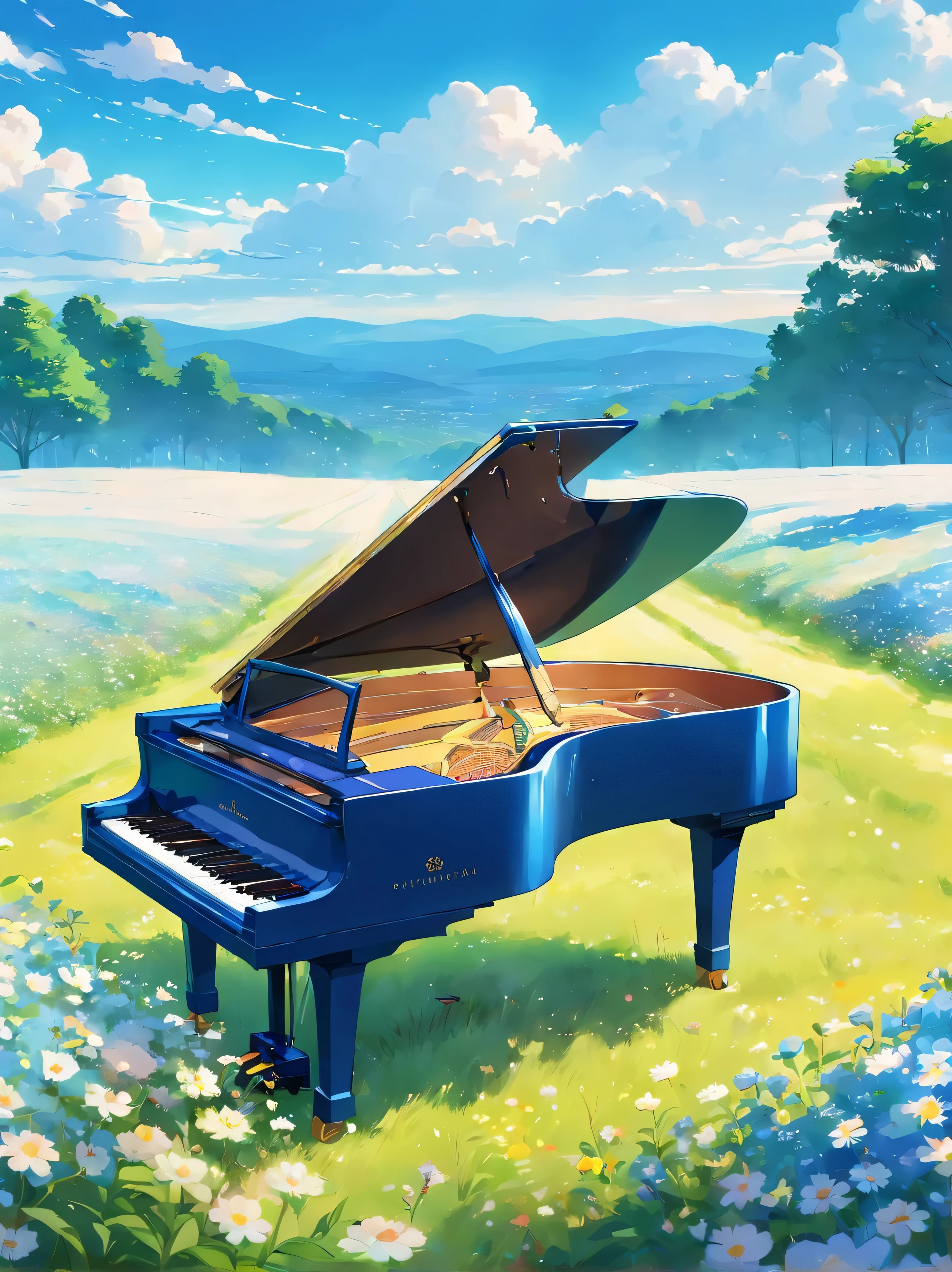 Grand piano in the flower garden、The blue sky spreads all over the sky