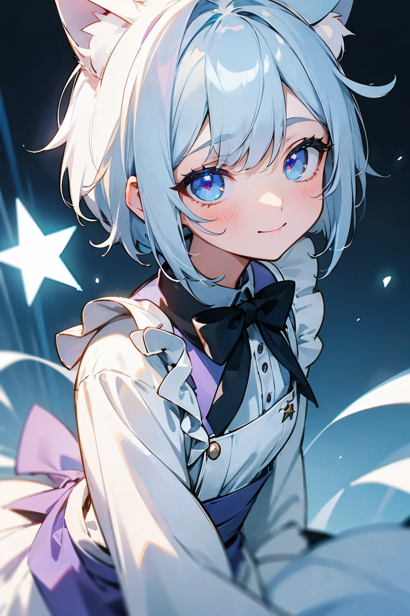 gray hair、short hair、Light blue gradation on the tips of the hair、Maid clothes based on light blue、light purple left eye、yellow-green right eye、odd eye、、Cat ear、smile、Innocent、young、man&#39;s daughter、white star-shaped pupil
