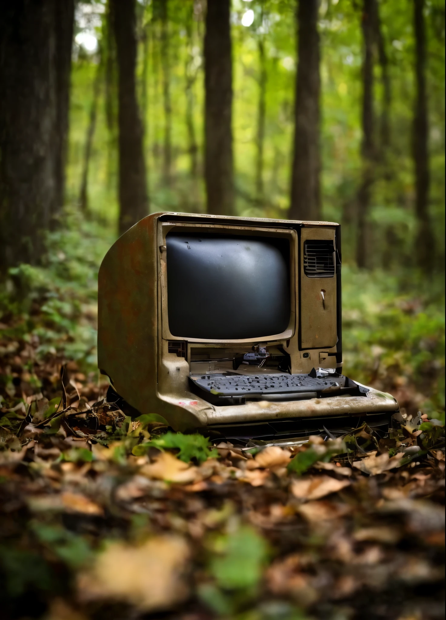 Retro MAC desktop computer abandoned in the woods, canon EOS 5D, extremely intricate detail, dramatic lighting, shot on Leica, moody aesthetic