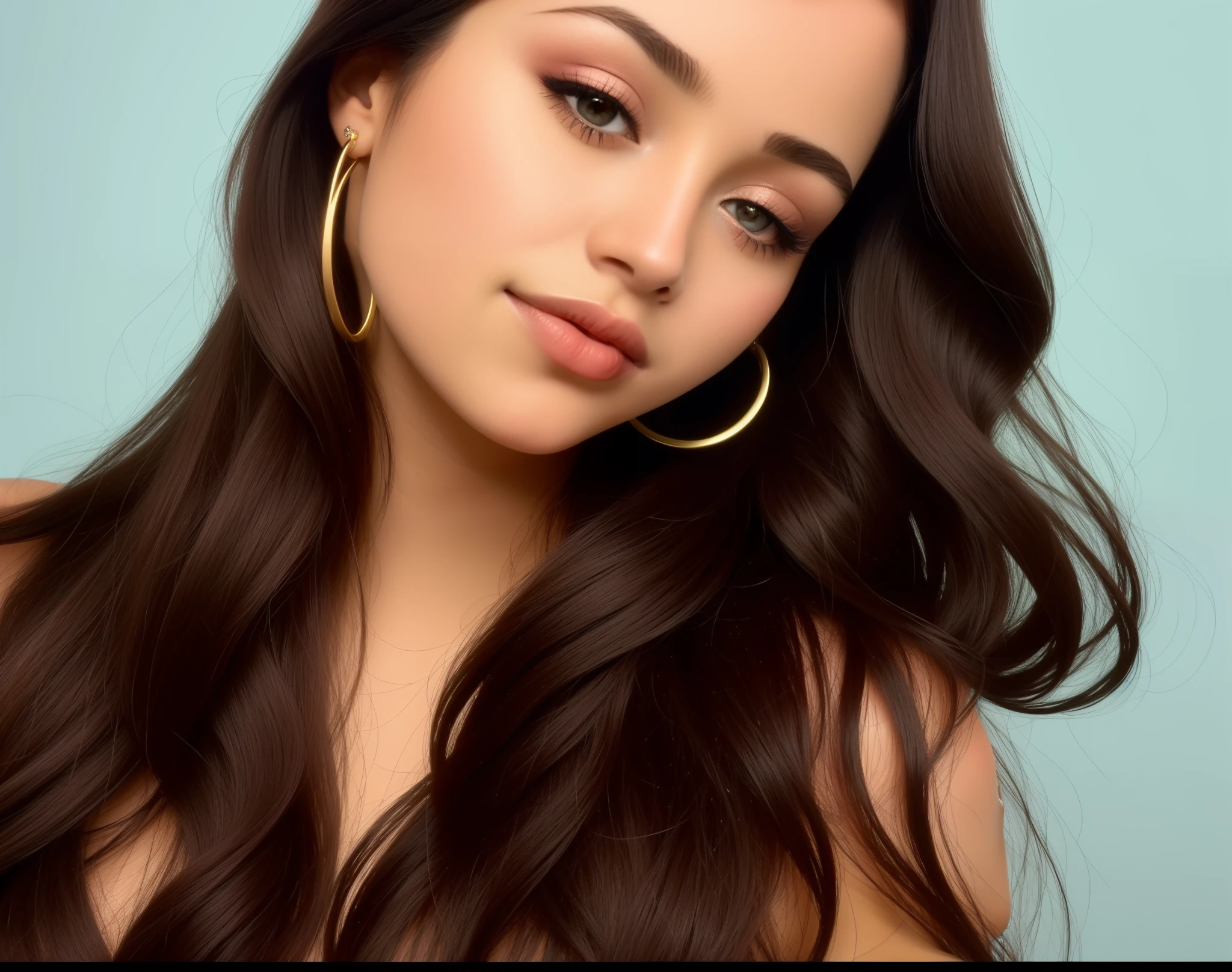 There's a woman with long hair and a big hoop earring, Retrato de Sophie Mudd, Violeta Myers, imagem de perfil, 18 anos de idade, sem maquiagem cabelos ondulados, jovem com longos cabelos escuros, malika favre, imagem de perfil, com pele brilhante, 💋 💄 👠 👗, 2 modelo feminino de 4 anos, selfie de uma jovem