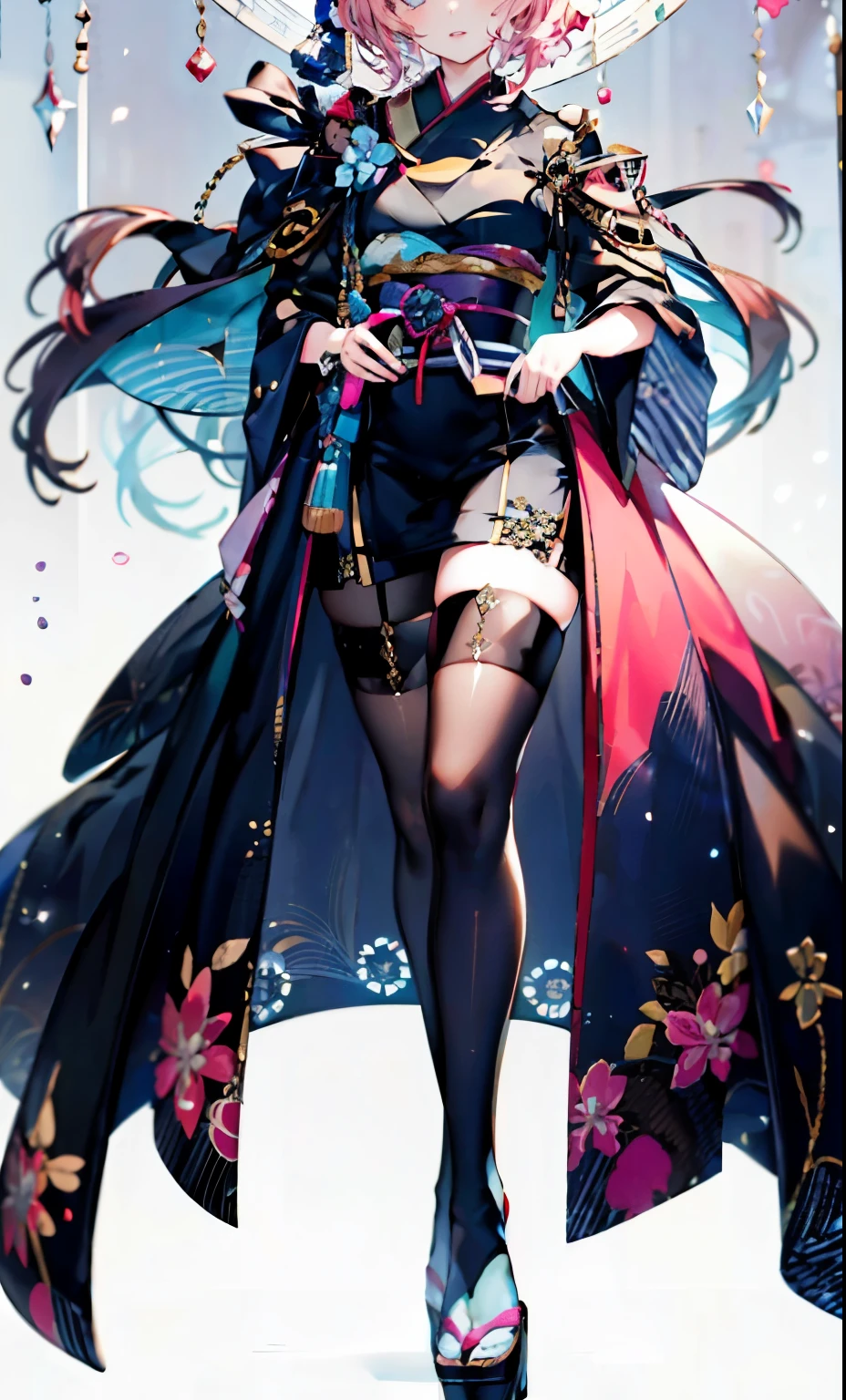 (completed head:1.9),Polite facial depictions,1 Lady,mature woman,Japanese clothing,(black lenth stockings+),high heel ribbon sandals,(legs in black stockings),pink white short hair,prom background, perfect body, That's a perfect face, perfect hands, perfect finger, perfect lips, perfect eyes, perfect background