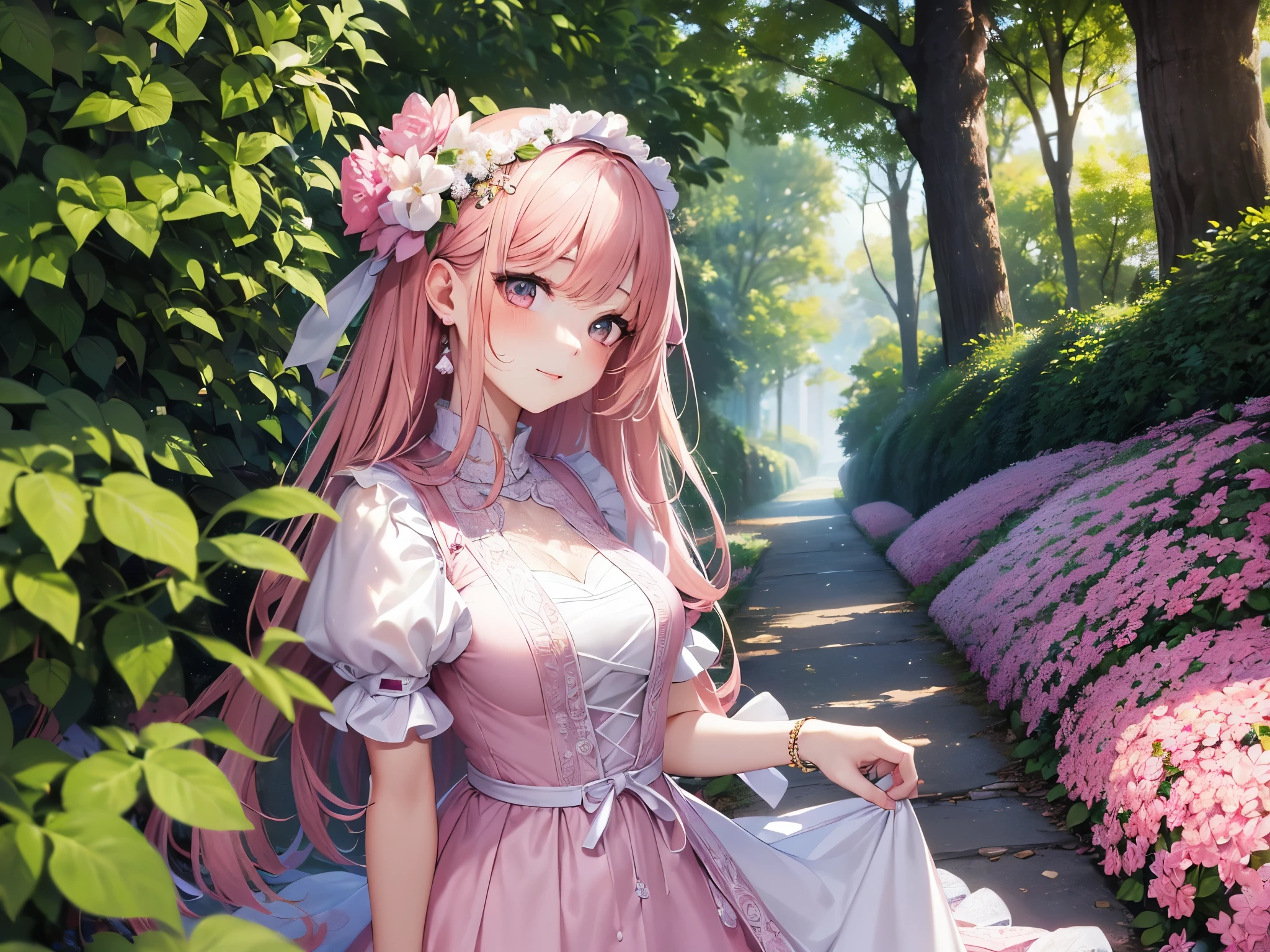 ((highest quality)),(ultra high resolution),(Super detailed),(detailed description),((best CG)),(best work of art),super precision art,amazing drawing art,(Art with precise details:1.5), (1 woman:1.5),(beautiful and well-shaped face:1.6),(A pink dress detailed and detailed:1.7),(white dress:1.7),embroidery,