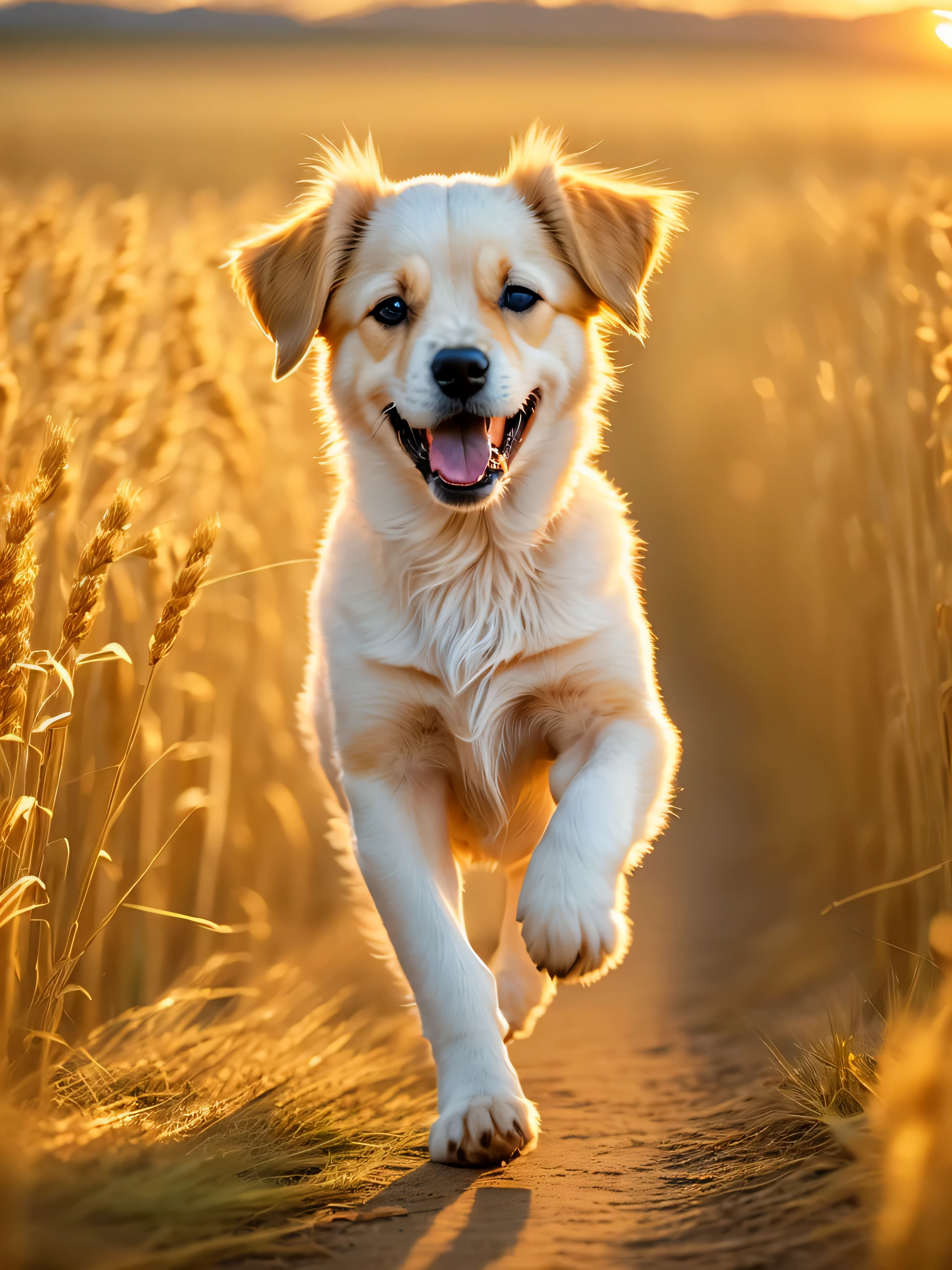 Photo of a very cute puppy running in a golden wheat field, face camera, stick out your tongue and smile, sunset sky, Baiyun, volume soft light, (backlight: 1.3), (: 1.2), intricate details, (art station: 1.3), Rutkoski
