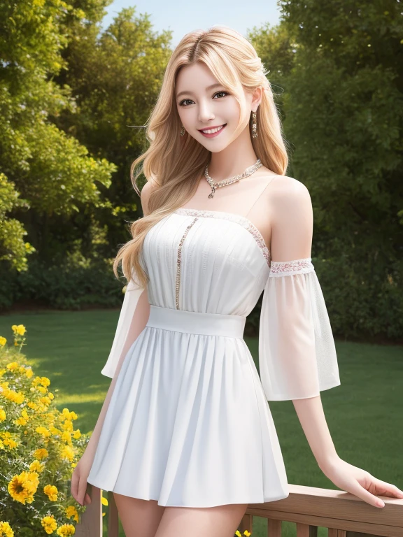 (masterpiece:1.4), (best quality:1.4), (High resolution:1.4), smile, long hair, blonde, looking at the viewer,, No sleeve,, outdoors, ,