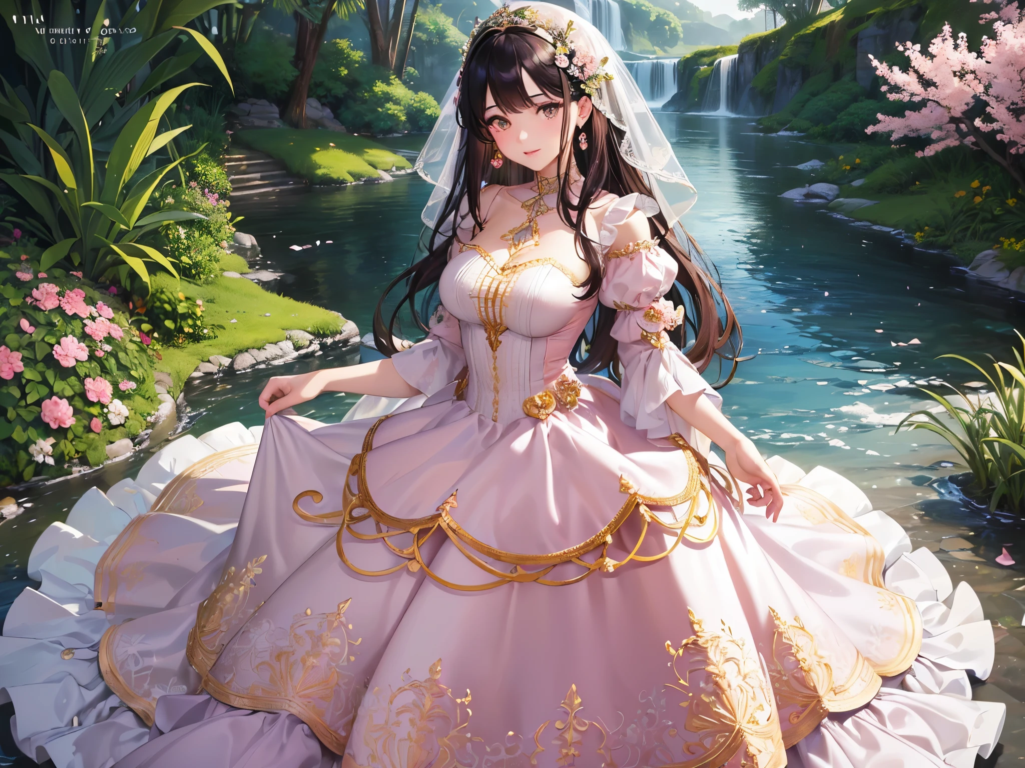 ((highest quality)),(ultra high resolution),(Super detailed),(detailed description),((best CG)),(best work of art),super precision art,amazing drawing art,(Art with precise details:1.5), (1 woman:1.5),(beautiful and well-shaped face:1.6),(A pink dress detailed and detailed:1.7),(white dress:1.7),embroidery,