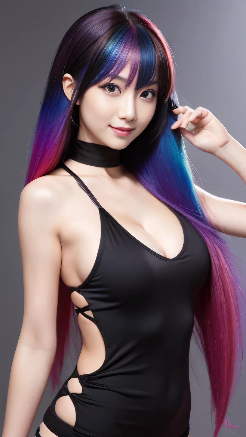 A wonderful woman born on July 23rd, 1975 kunoichi ((Hair color is rainbow)) no background beautiful breasts The color of the clothes is black small smile