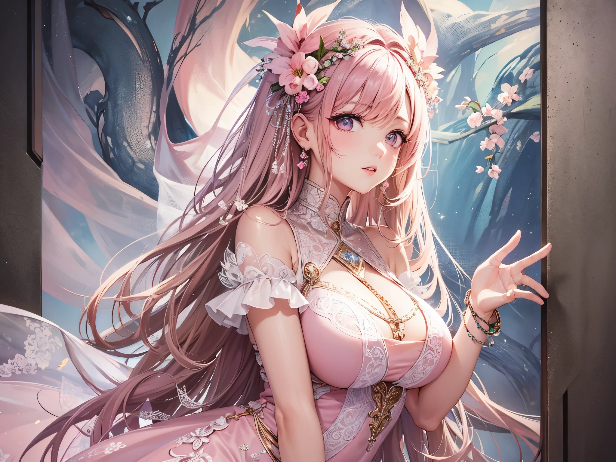 ((highest quality)),(ultra high resolution),(Super detailed),(detailed description),((best CG)),(best work of art),super precision art,amazing drawing art,(Art with precise details:1.5), (1 woman:1.5),(beautiful and well-shaped face:1.6),(A pink dress detailed and detailed:1.7),(white dress:1.7),embroidery,
