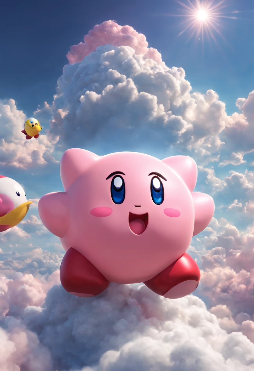 full body Kirby, 3D cartoon, amazing background on top of a cloud, illuminated by sun, colorful, hyperrealism, unreal engine style