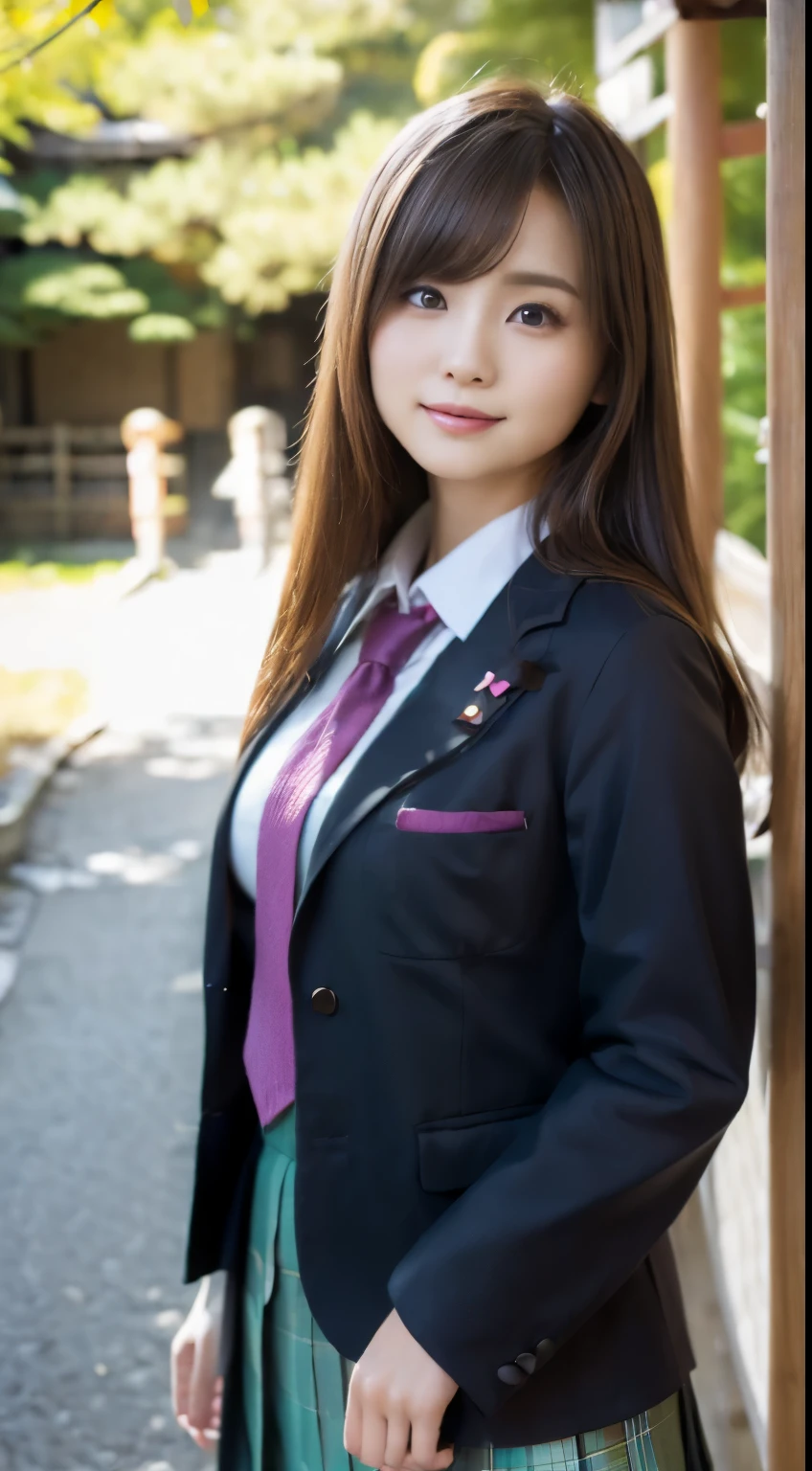 (japanese:2)mix 4, (16k, Raw photo, best image quality, masterpiece: 1.45), (realistic, Photoreal: 1.37), one girl, cute, professional lighting, photon mapping, Physically based rendering, dark brown hair,long hairstyle, well-groomed and beautiful eyes、((double eyelid))、super cute girl, (((school uniform)))、in the forest、smiling、(Big big breasts with big drooping:1.1)