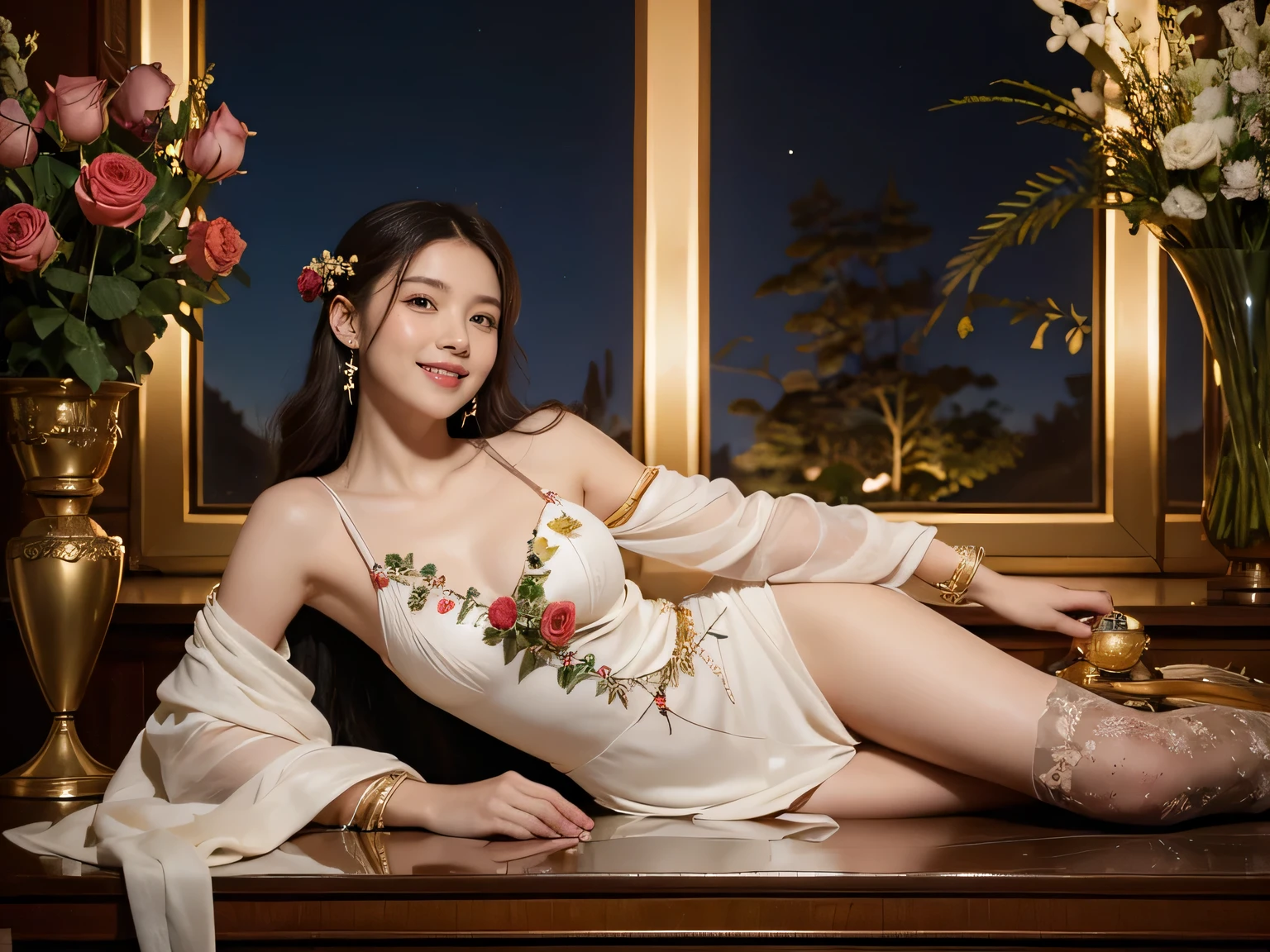 full body portrait or statue、Stained glass、Vigée Leblanc style、math、astronomical machine、astronaut、roses in vase、fruit、Cute trinkets、smile、ancient greek costume、Sandro Botticelli paintings、Costume that stretches your shoulders、A big smile、expression of 、sexy、beiful bare skin、Detailed representation of the seducing woman throughout the body
