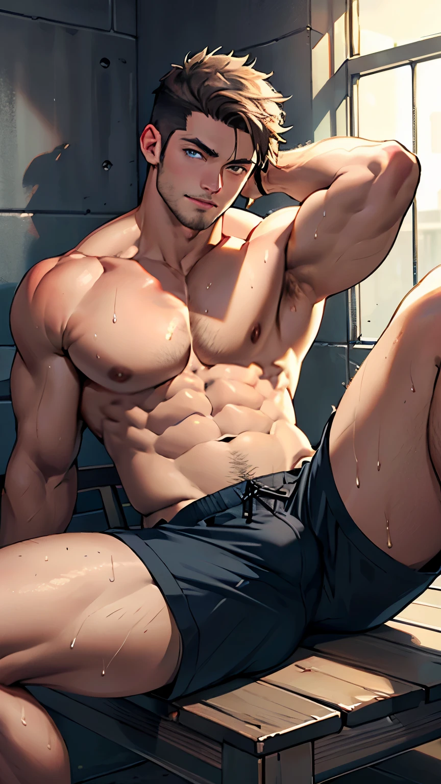 ((best quality)), ((Masterpiece)), (details), perfect face,high definition,Masterpiece,4k,details clearly,,,Handsome face,white skin,perfect body,male body,strong muscles,Abdomen muscles are wavy..,abdomen,blue eyes,white skin,The most handsome man in the world,handsome,,The coolest face,Male characters,challenge,Show off your body,Strong breasts,beautiful eyes,Look clearly.....,sexy male underwear,strong legs,spread your legs,underwear,Bend your chest.,wet body,on the table,Show off your arm muscles.,sexy face,shorts,short hair,snatch your arm ,pull the leg,prisoner,in the jail