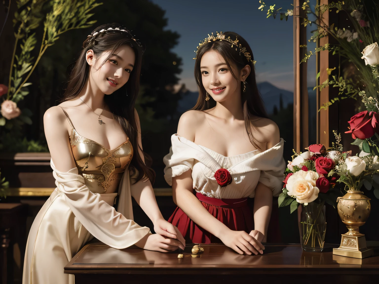 Giorgione&#39;s painting style,Discussion between two female philosophers,math、astronomical machine、astronaut、roses in vase、fruit、Cute trinkets、smile、ancient greek costume、The background is a forest lake at night 、Clothes that stretch your shoulders、A big smile、beautiful bare skin、A detailed representation of the seducing woman throughout her body..