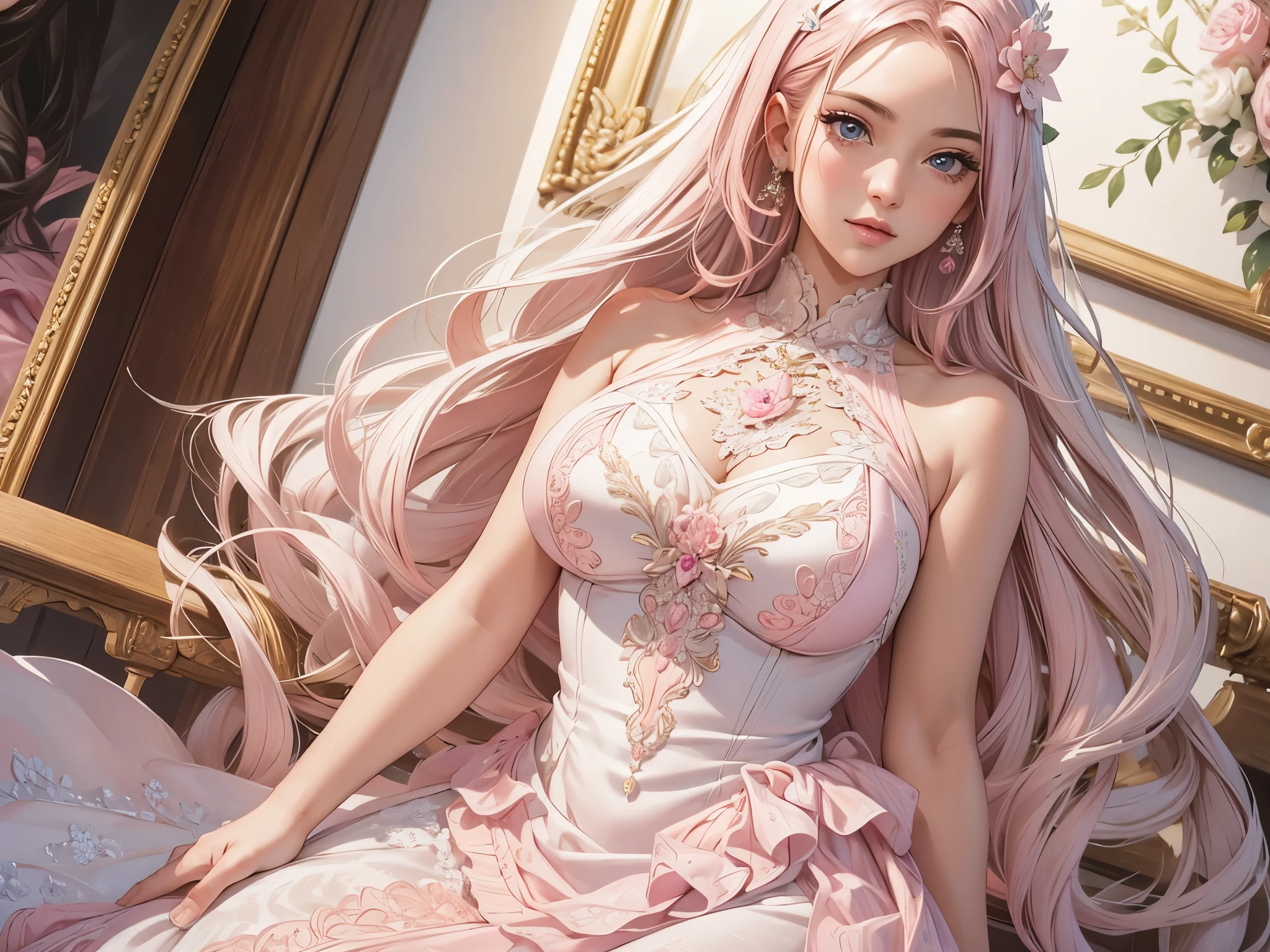 The upper part of the body、one girls、i have silver hair color、Two-tone、(highlight pink)Bun hair、Curly hair、silver and pink hair color、floral headband、very Bigger breasts、gorgeous floral lace dress