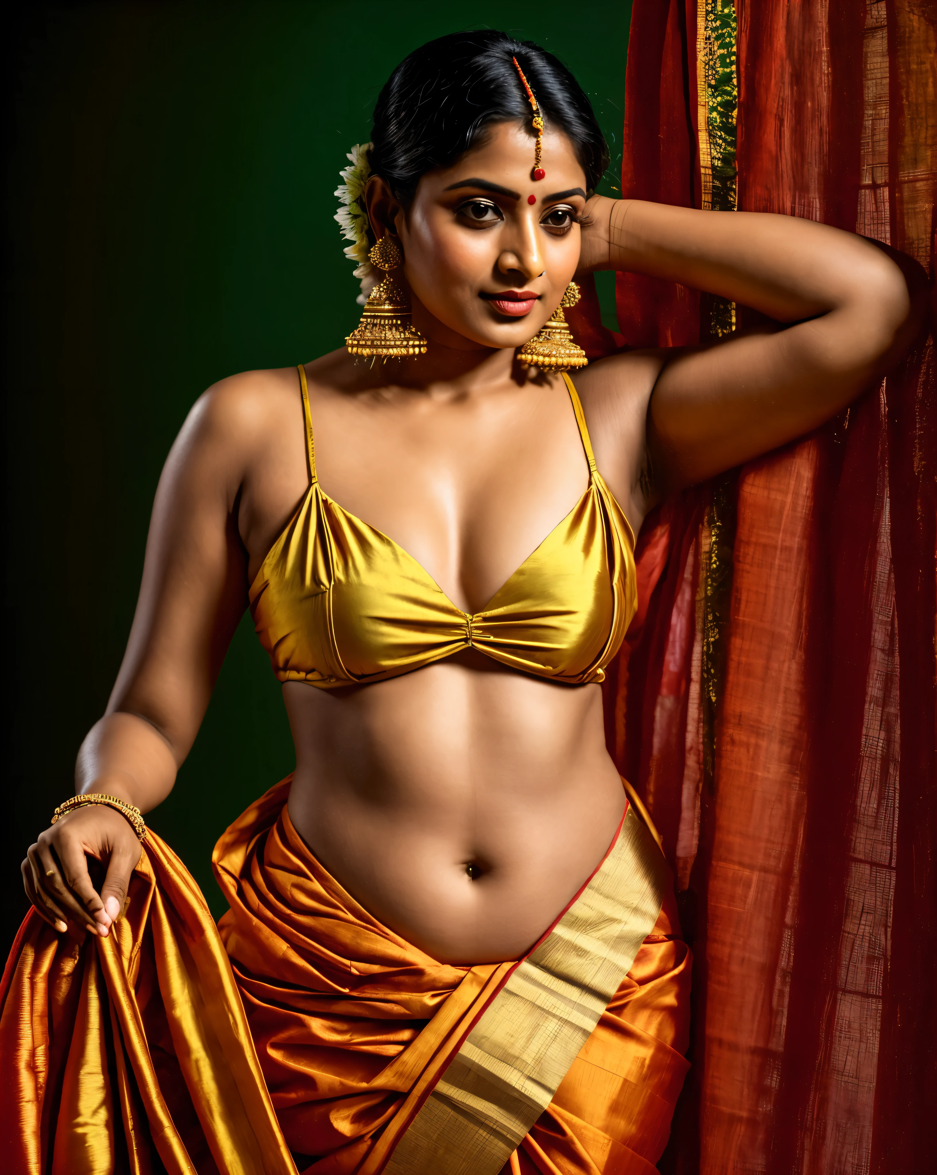 Foto RAW, photorealistic, photography, full body shot, master shot, Saree model, bengali village woman wearing Sari without blouse, bengali vintage cultural dress, bengali heritage dress, model Photography, Indian saree shoot, village woman, sensual lust, sensual beauty, erotic photoshoot, bengali village woman, bengali housewife, bhabhi, aunty, bong girl, village sari, village girl, village Sari style, vintage Indian Village Style sari draping , retro village wear, village style, no blouse saree, no blouse can be seen, traditional wear advertising photography, traditional wear brand shoot, face of Indian actress Drashti Dhami, masterpiece, realistic, realism, photorealism, high contrast, photorealistic Artstation 8k HD digital art trend of high definition and detailed realistic skin texture, ultra detail, realistic skin texture, armature, best quality, ultra high definition, (photorealistic:1.4),, high resolution, detail, raw photo, Re sharp, by Lee Jefferies Nikon D850 Film Stock Photo 4 Kodak Portra 400 Camera F1.6 Lens Rich Color Ultra Real Realistic Realistic Textures Dramatic Lighting Unreal Engine Trending at Art Station Cinestill 800,(pele altamente detalhada: 1.2), 8k UHD, DSLR, soft-lighting, alta qualidade, grain of film, Fujifilm XT3