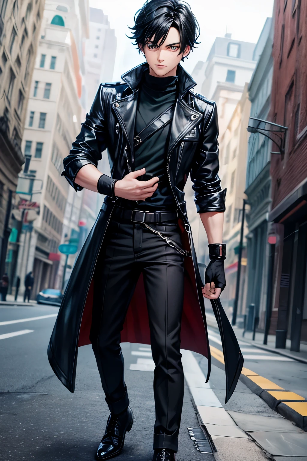 black fingerless gloves, black hair, boy, blue-green eyes, full body