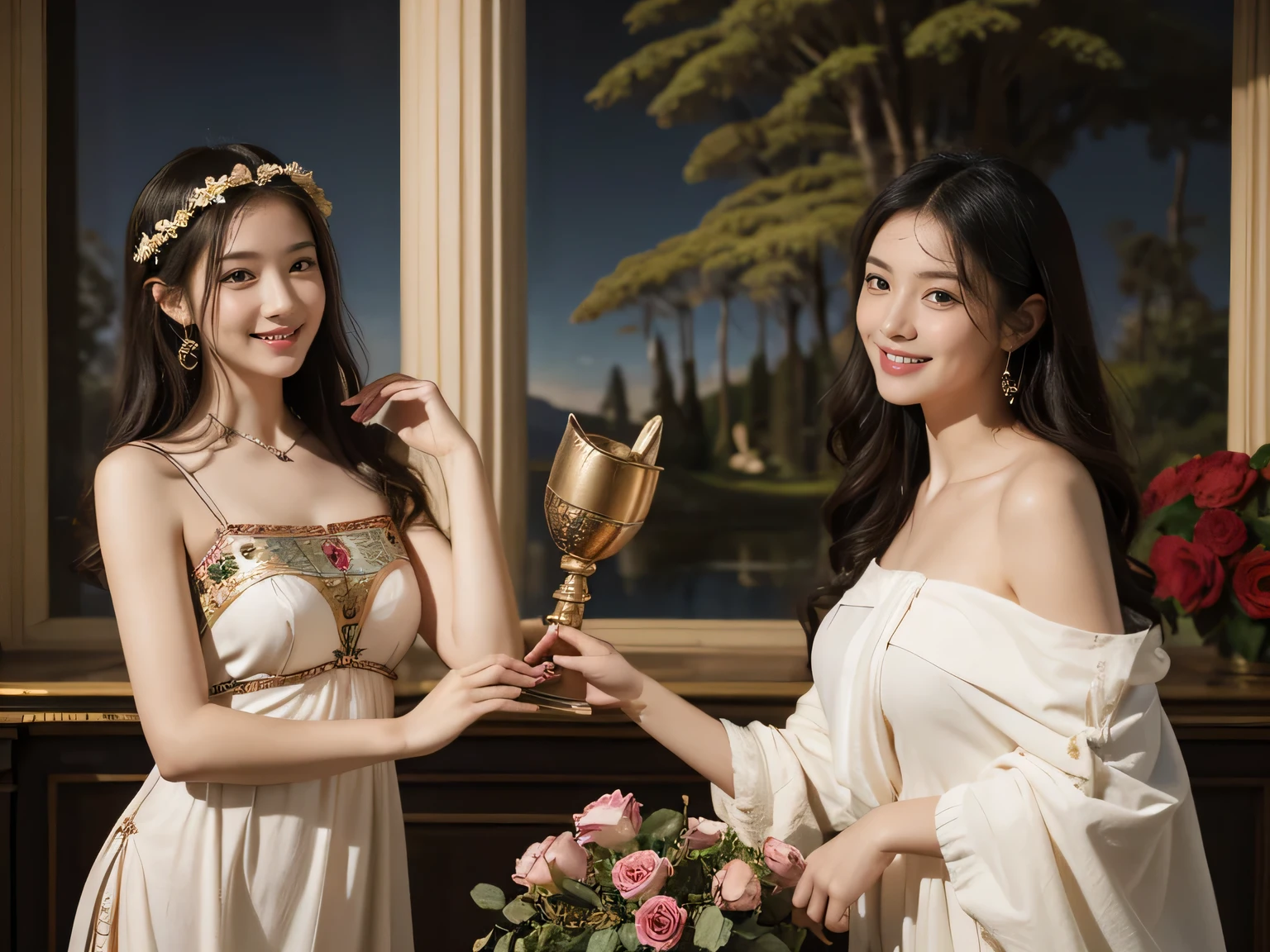Giorgione's painting style,Discussion between two female philosophers,math、astronomical machine、astronaut、roses in vase、fruit、Cute trinkets、smile、ancient greek costume、The background is a forest lake at night 、Clothes that stretch your shoulders、A big smile、beautiful bare skin、A detailed representation of the seducing woman throughout her body..