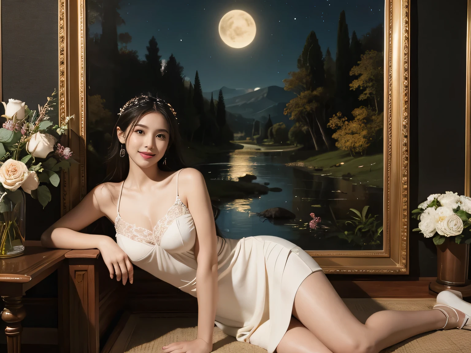 Giorgione's painting style,Discussion between two female philosophers,math、astronomical machine、astronaut、roses in vase、fruit、Cute trinkets、smile、ancient greek costume、The background is a forest lake at night 、Clothes that stretch your shoulders、A big smile、beautiful bare skin、A detailed representation of the seducing woman throughout her body..